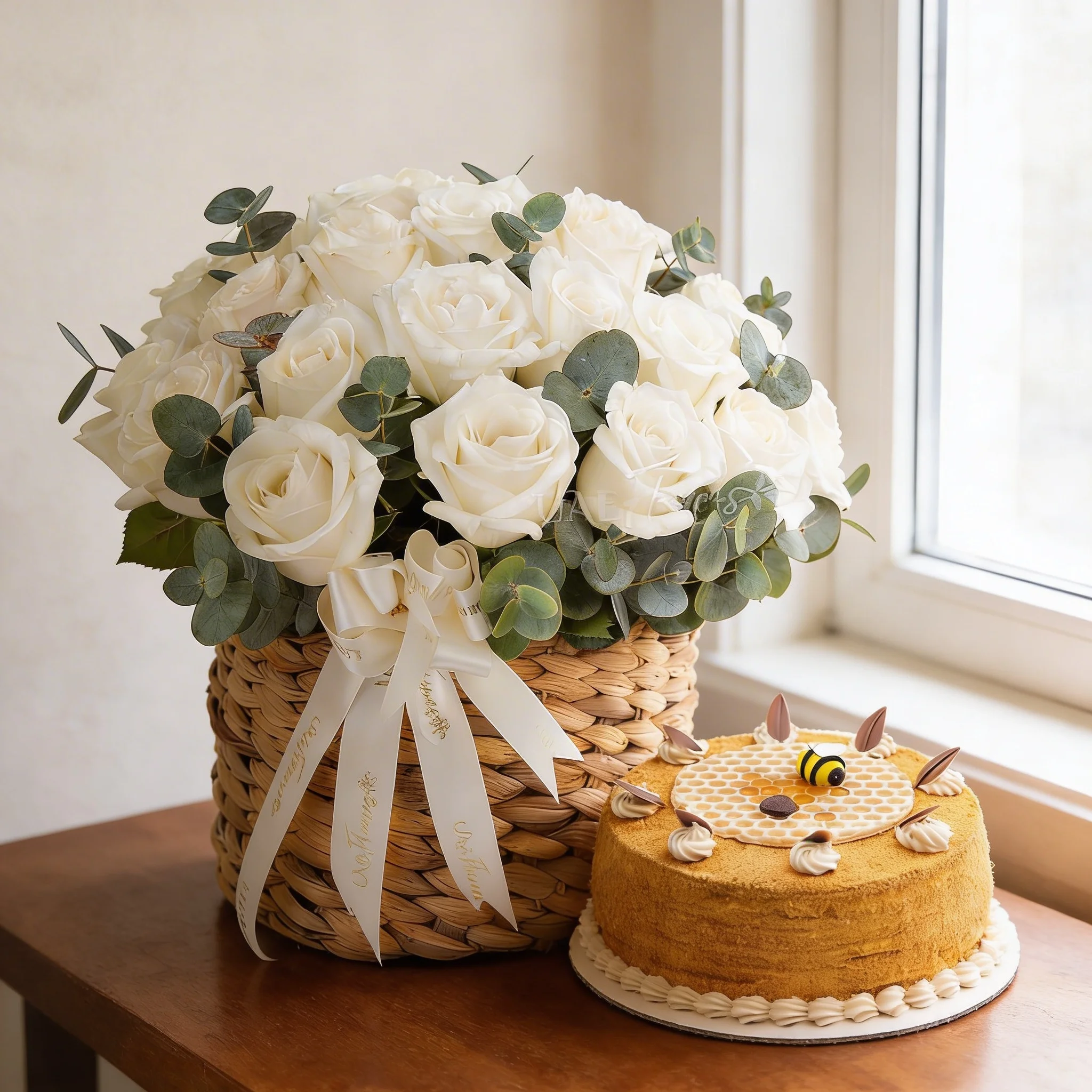 White roses basket arrangement with honey cake gift combo for same day delivery in Dubai Abu Dhabi Sharjah UAE White roses basket arrangement with honey cake gift combo for same day delivery in Dubai Abu Dhabi Sharjah UAE