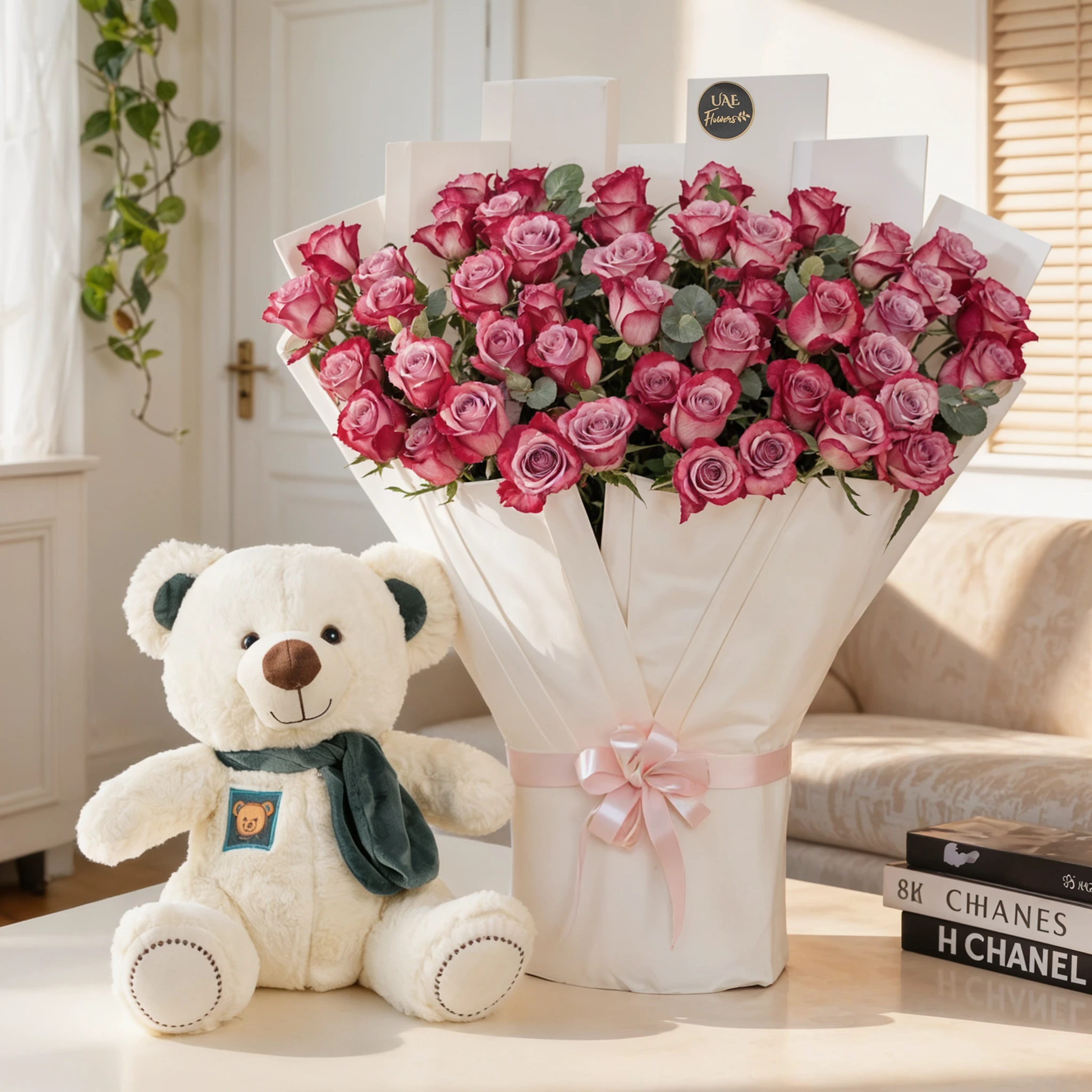 Bouquet of purple roses with teddy bear.