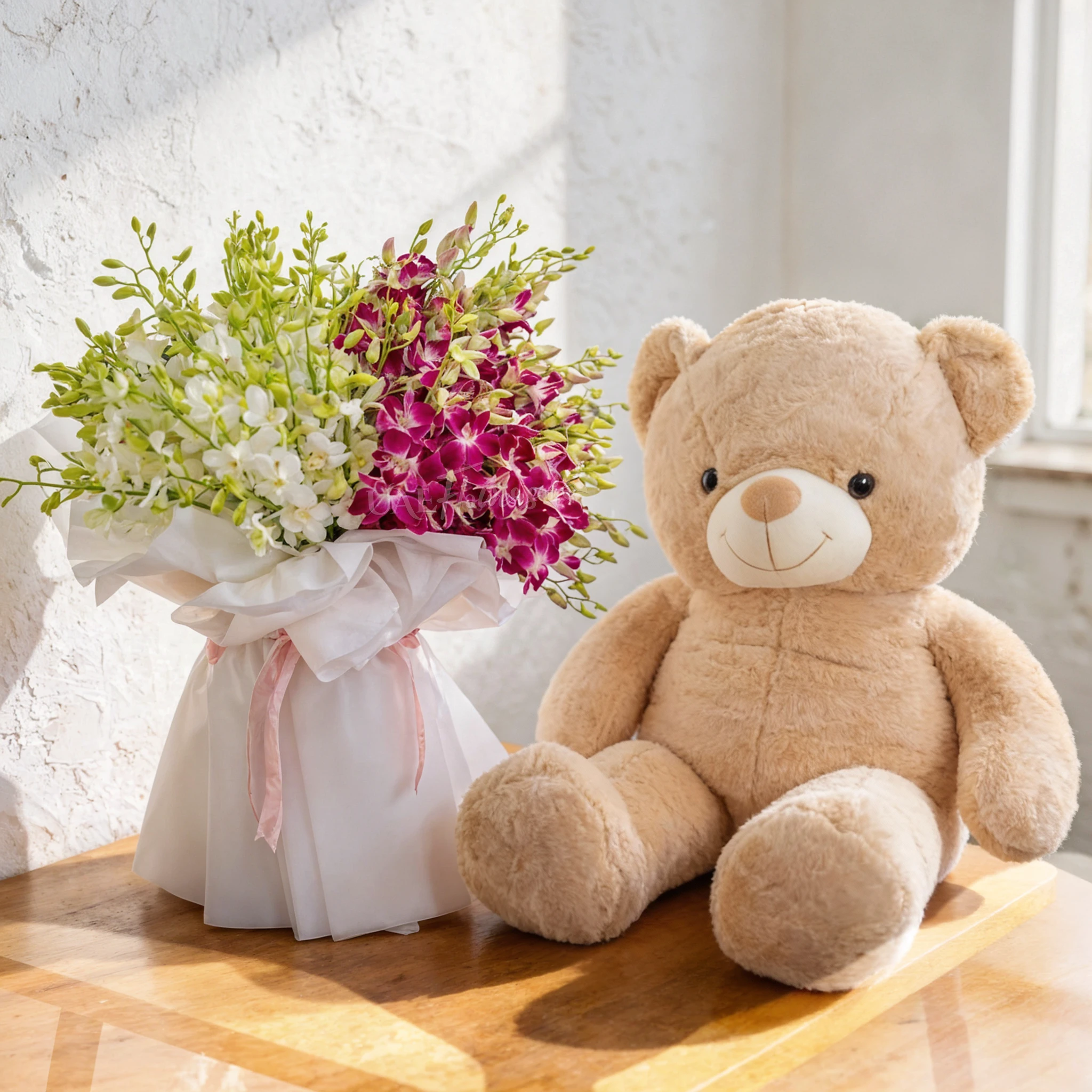 Orchid Bouquet with Giant Teddy
