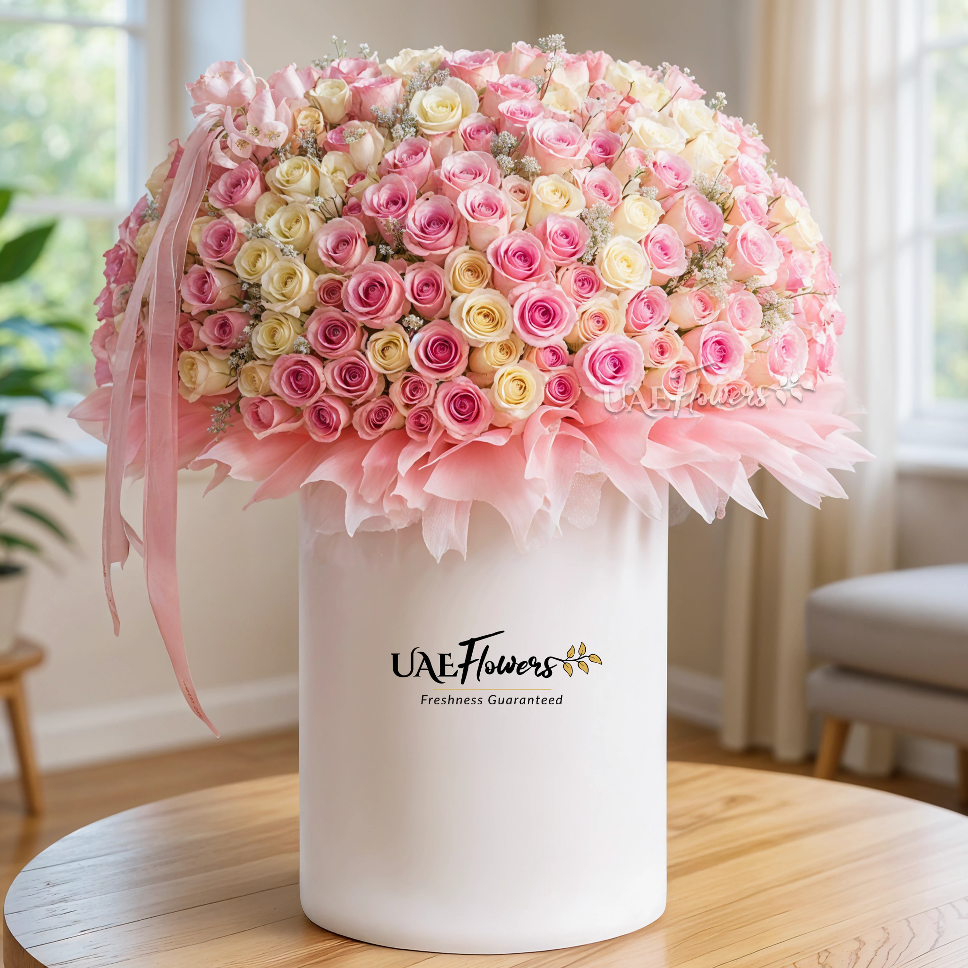 Full round arrangement of 300 pink and white roses in a tall round box.