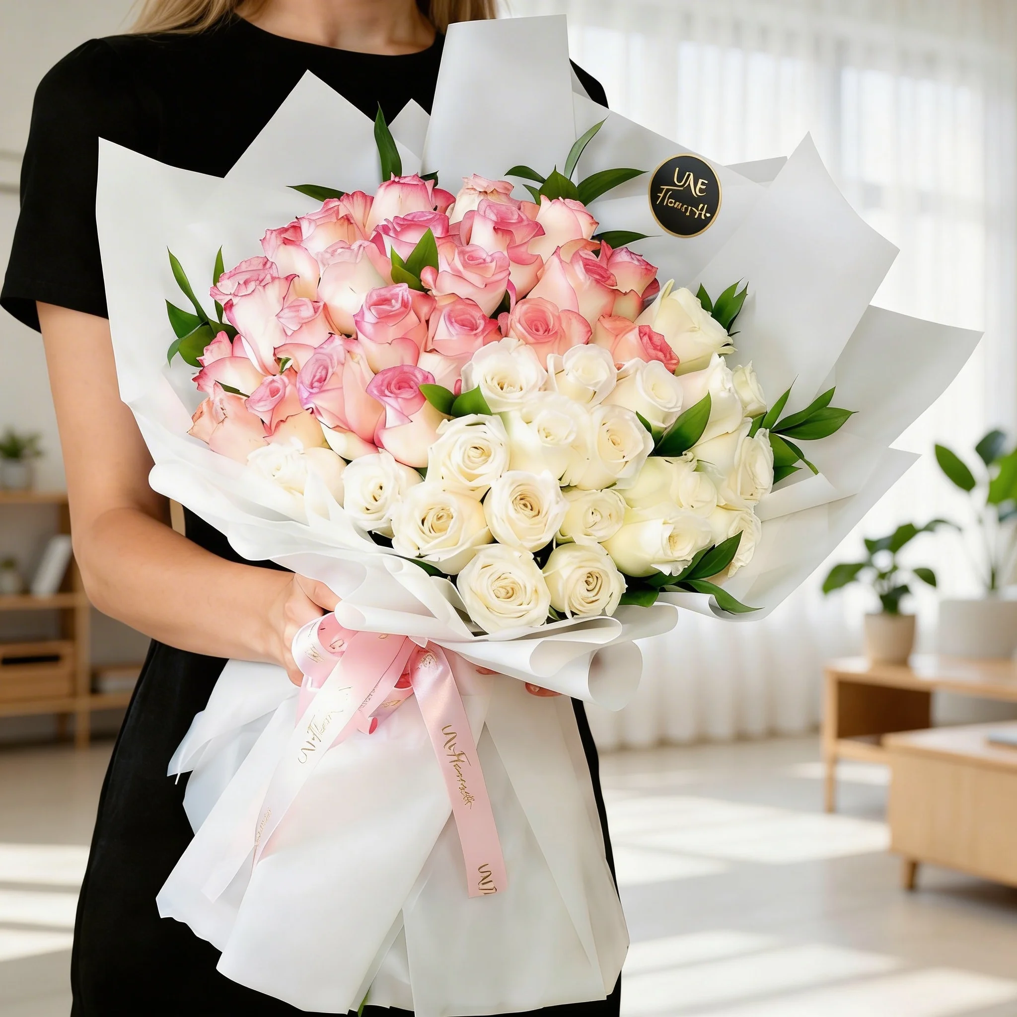 Bouquet of pink and white roses with green fillers in elegant white wrapping.