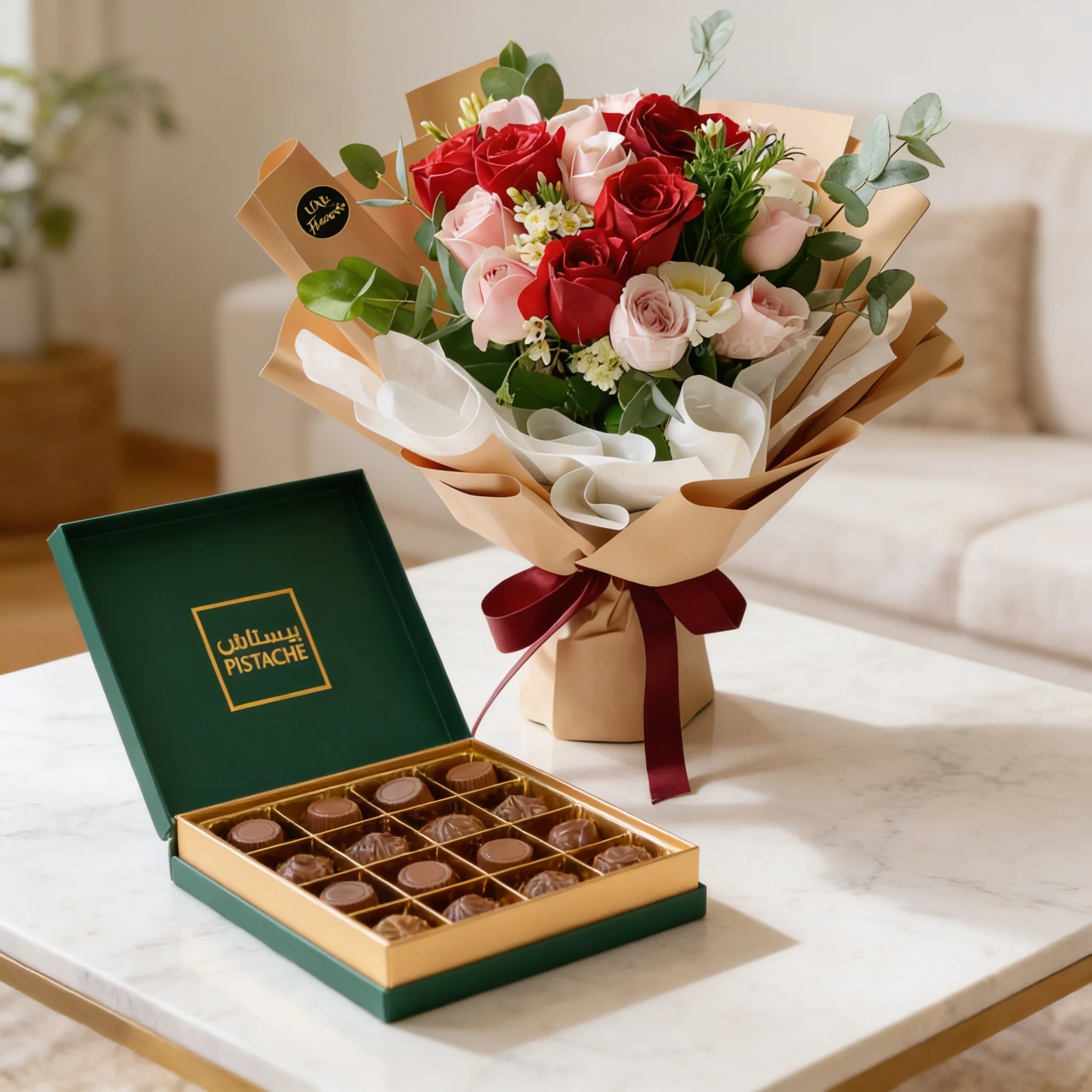 Pink and red roses bouquet with eucalyptus and Pistache 16 pcs chocolate box gift combo