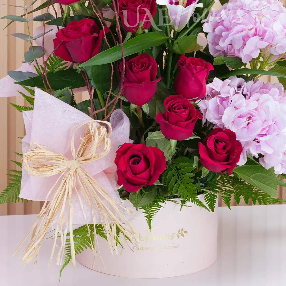 2 pink hydrangeas, 2 pink lilies, and 8 red roses