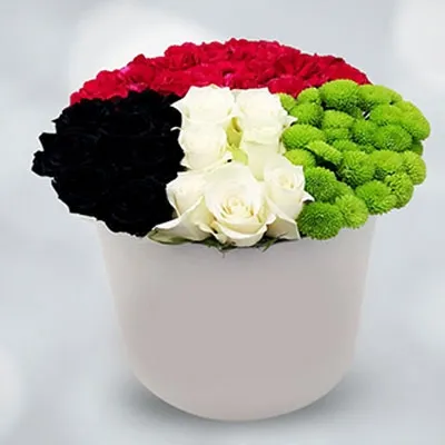 16 red roses, 8 white roses, 8 black sprayed roses, and 5 green button chrysanthemums in a white round box
