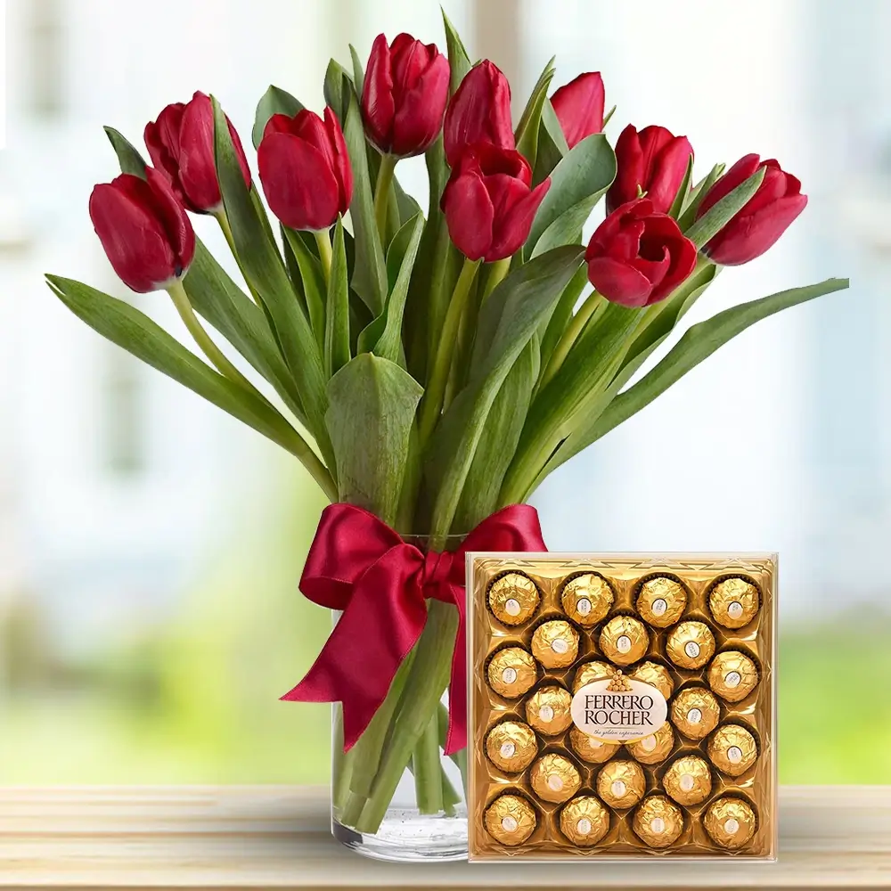 10 red tulips with fillers in a vase and a 24 pieces of ferrero rocher chocolate box