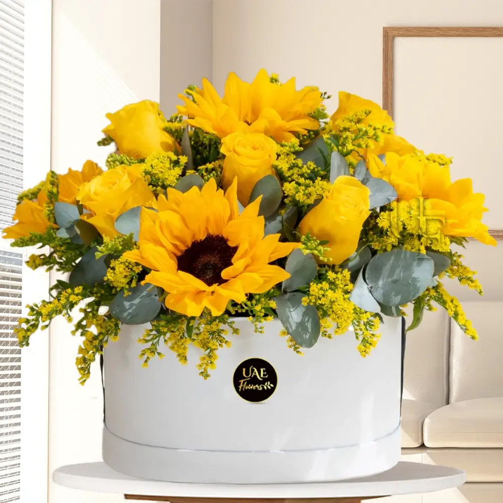 box with 5 sunflowers and 20 yellow roses arranged with green fillers