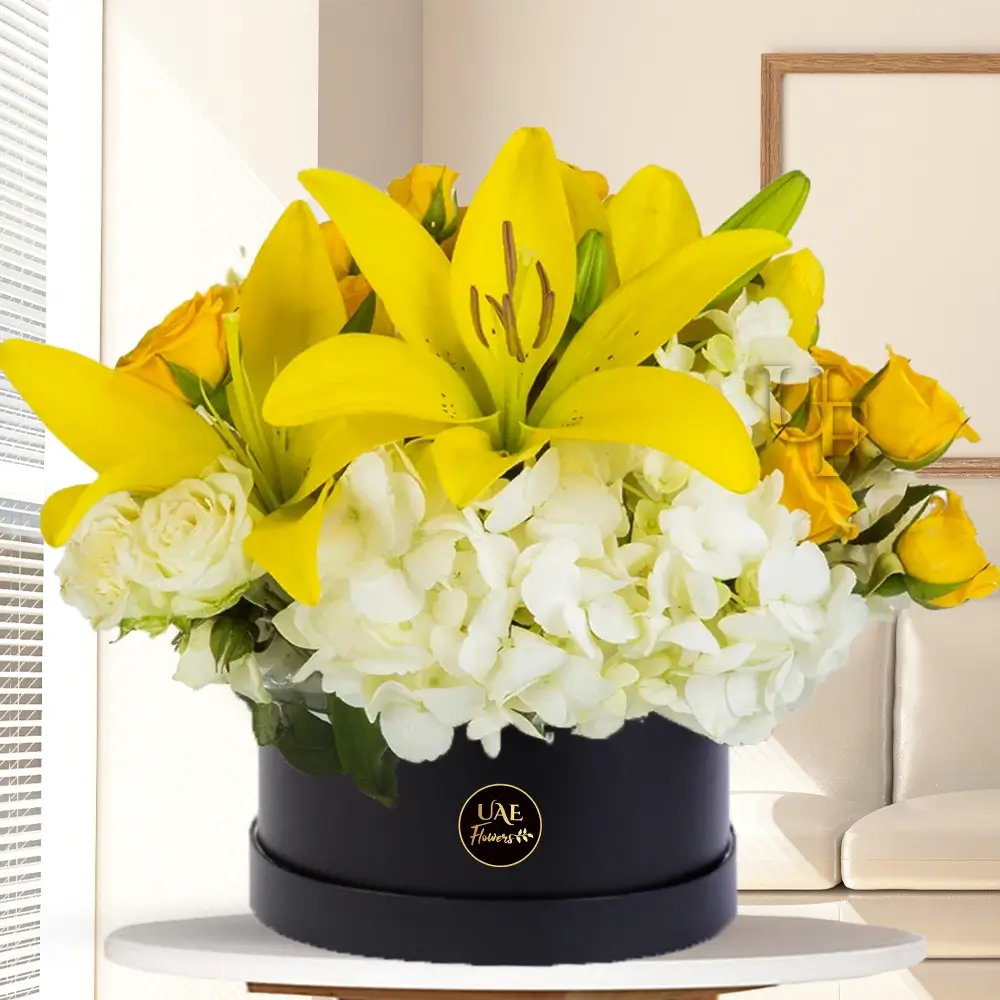 10 yellow roses, 5 white roses, 2 yellow lilies, 1 hydrangea & fillers in a black round box