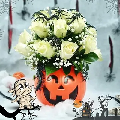 20 white roses in a plastic pumpkin