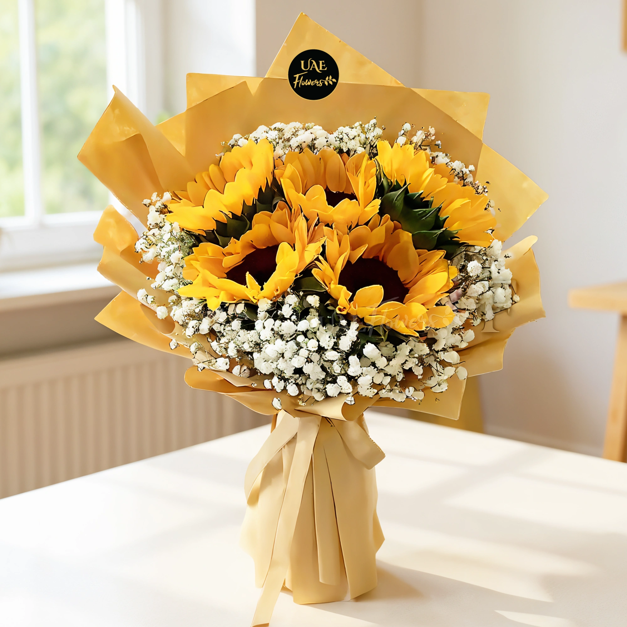 A bouquet of 5 sunflowers and fillers in yellow wrapping paper, tied with yellow ribbon A bouquet of 5 sunflowers and fillers in yellow wrapping paper, tied with yellow ribbon