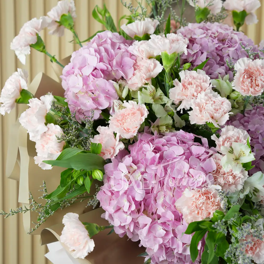 bouquet of 5 pink hydrangeas, 30 pink carnations, 10 white alstroemeria