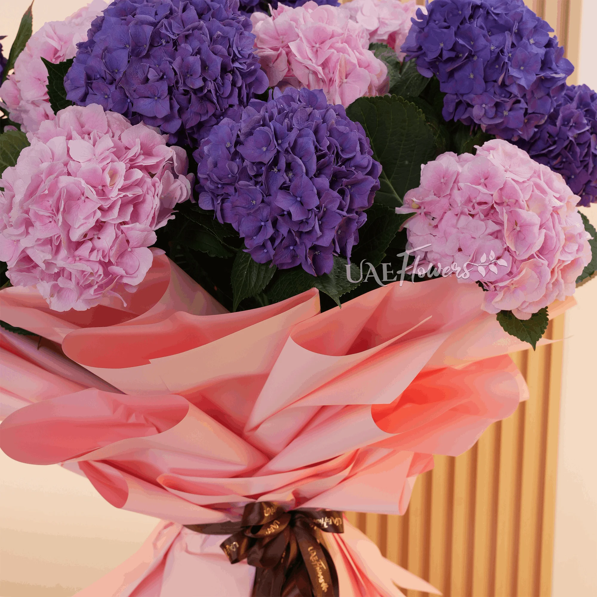 bouquet of 7 purple and 7 pink hydrangeas with fillers