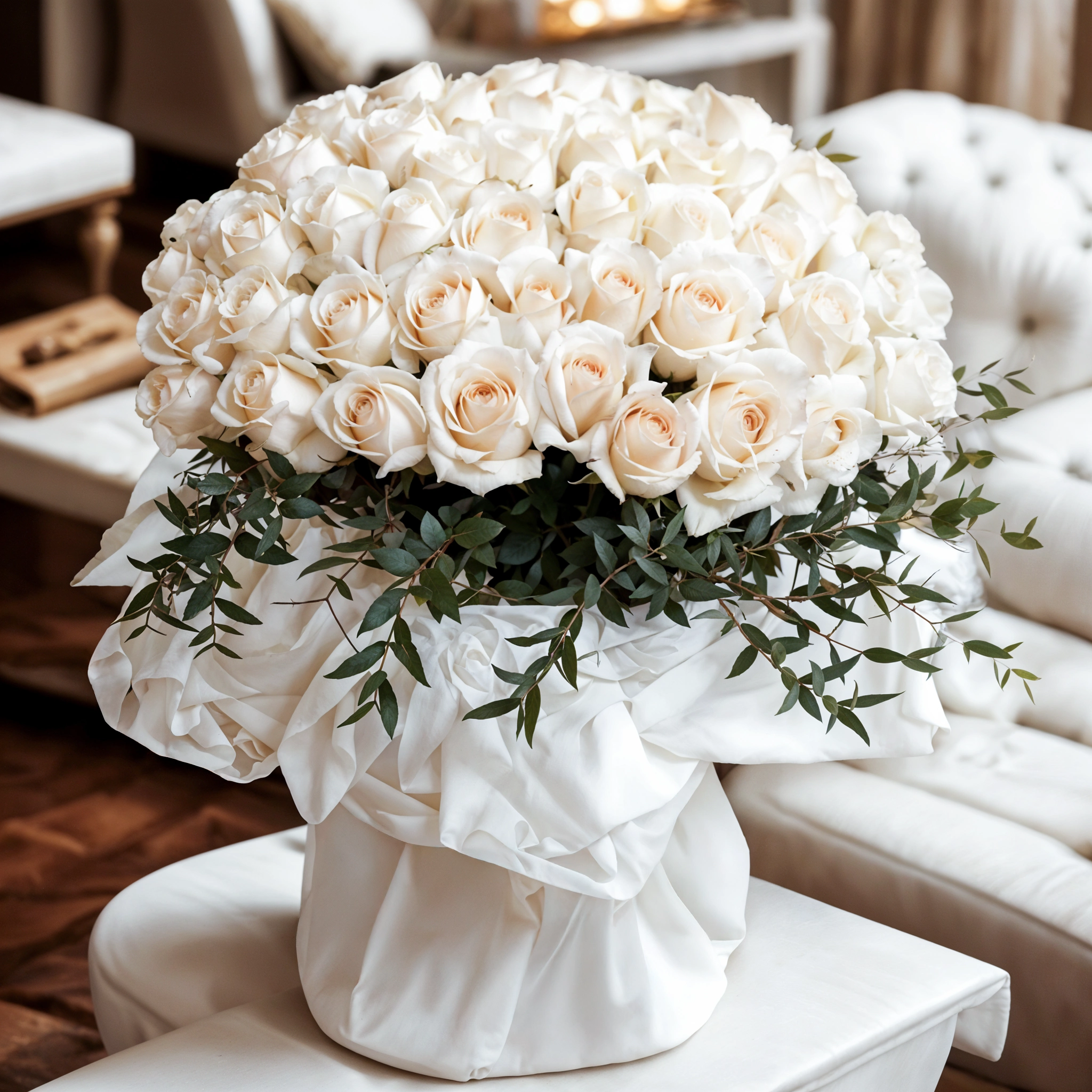 A bouquet of 40 white roses with greens in white and black wrapping paper tied with a white ribbon A bouquet of 40 white roses with greens in white and black wrapping paper tied with a white ribbon