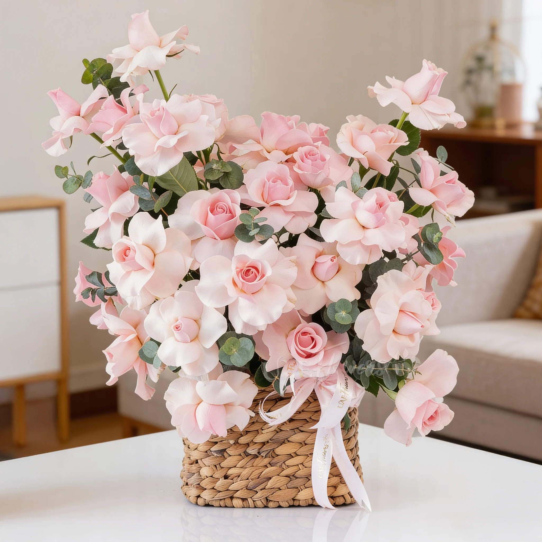 23 pink roses with green fillers in a basket.