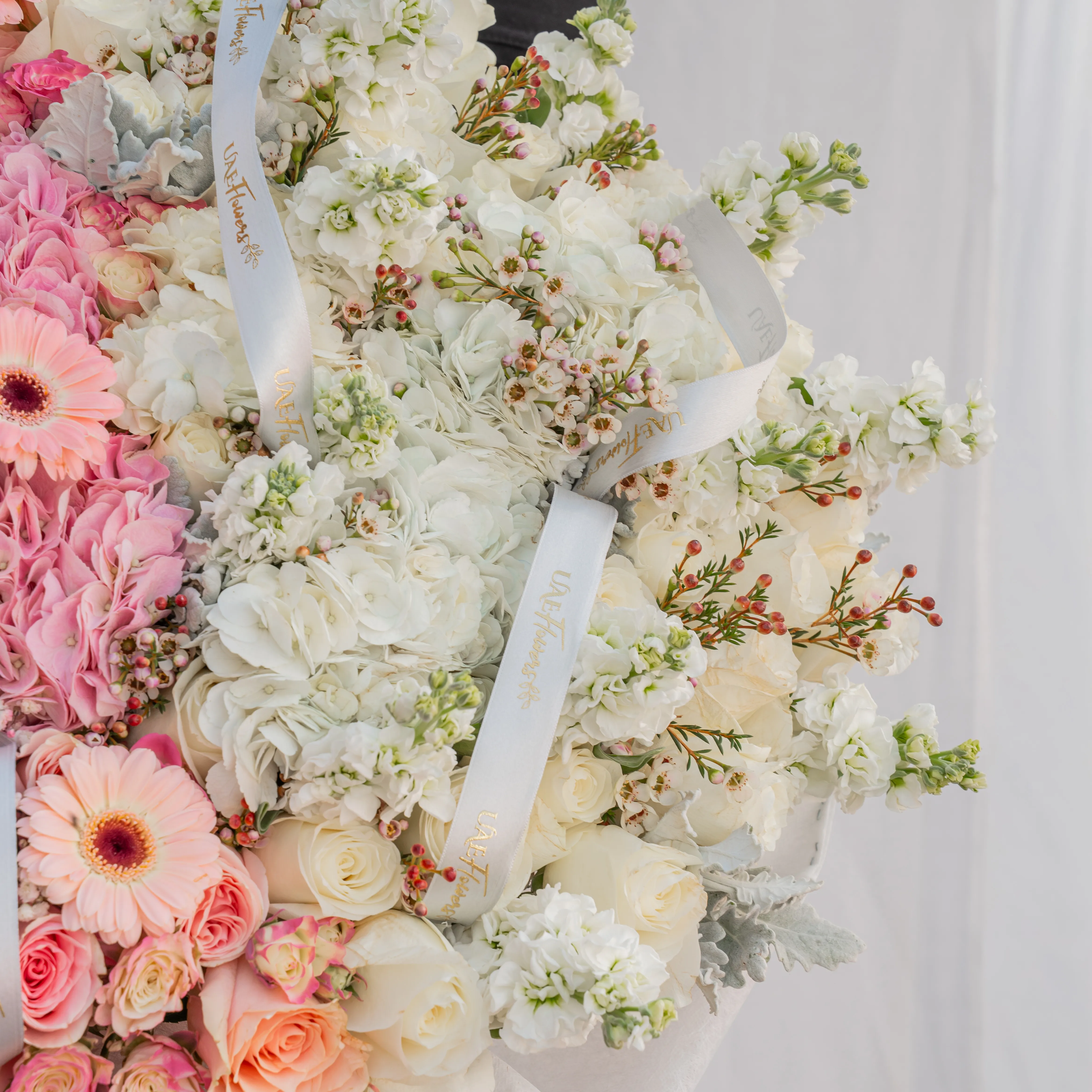 bouquet of pink hydrangeas, roses, gerberas, spray roses