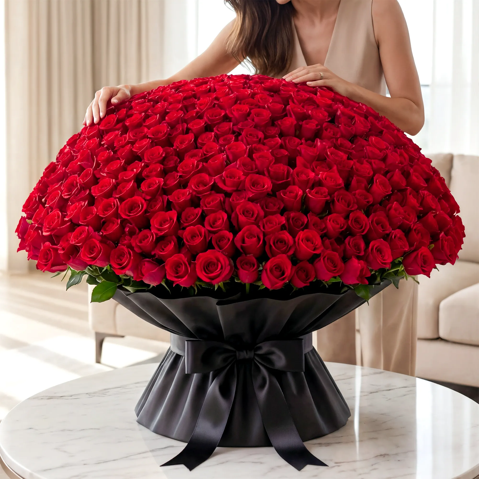 1000 red roses arranged in a grand bouquet with black wrapping, a dramatic romantic gift with same-day delivery across the UAE. Perfect for proposals and celebrations. 1000 red roses arranged in a grand bouquet with black wrapping, a dramatic romantic gift with same-day delivery across the UAE. Perfect for proposals and celebrations.