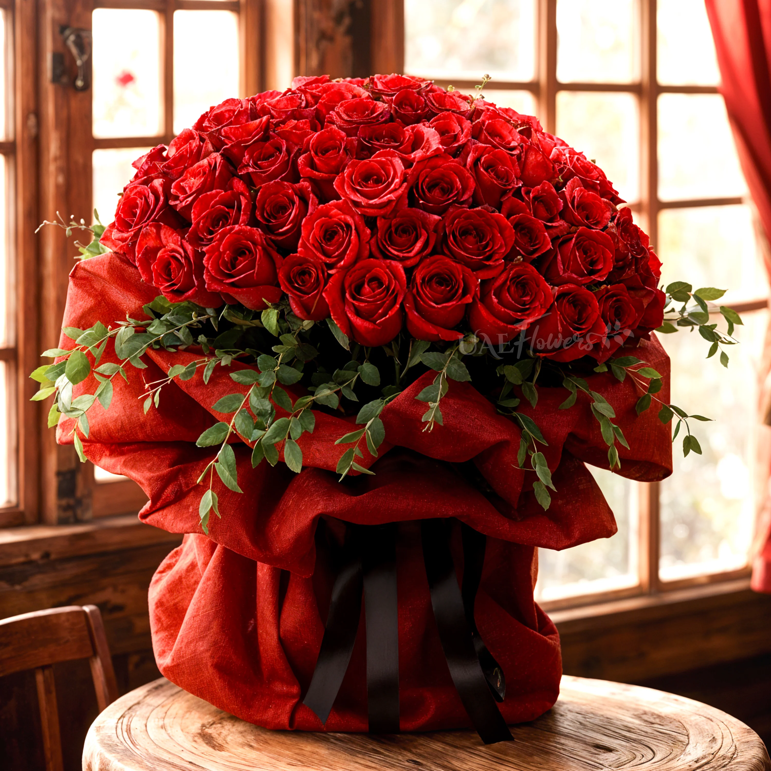 A large bouquet featuring 40 vibrant red roses paired with delicate gypsophila (baby's breath) elegantly wrapped in cream-colored paper and tied with a bold red ribbon, sitting on a table in a modern A large bouquet featuring 40 vibrant red roses paired with delicate gypsophila (baby's breath) elegantly wrapped in cream-colored paper and tied with a bold red ribbon, sitting on a table in a modern