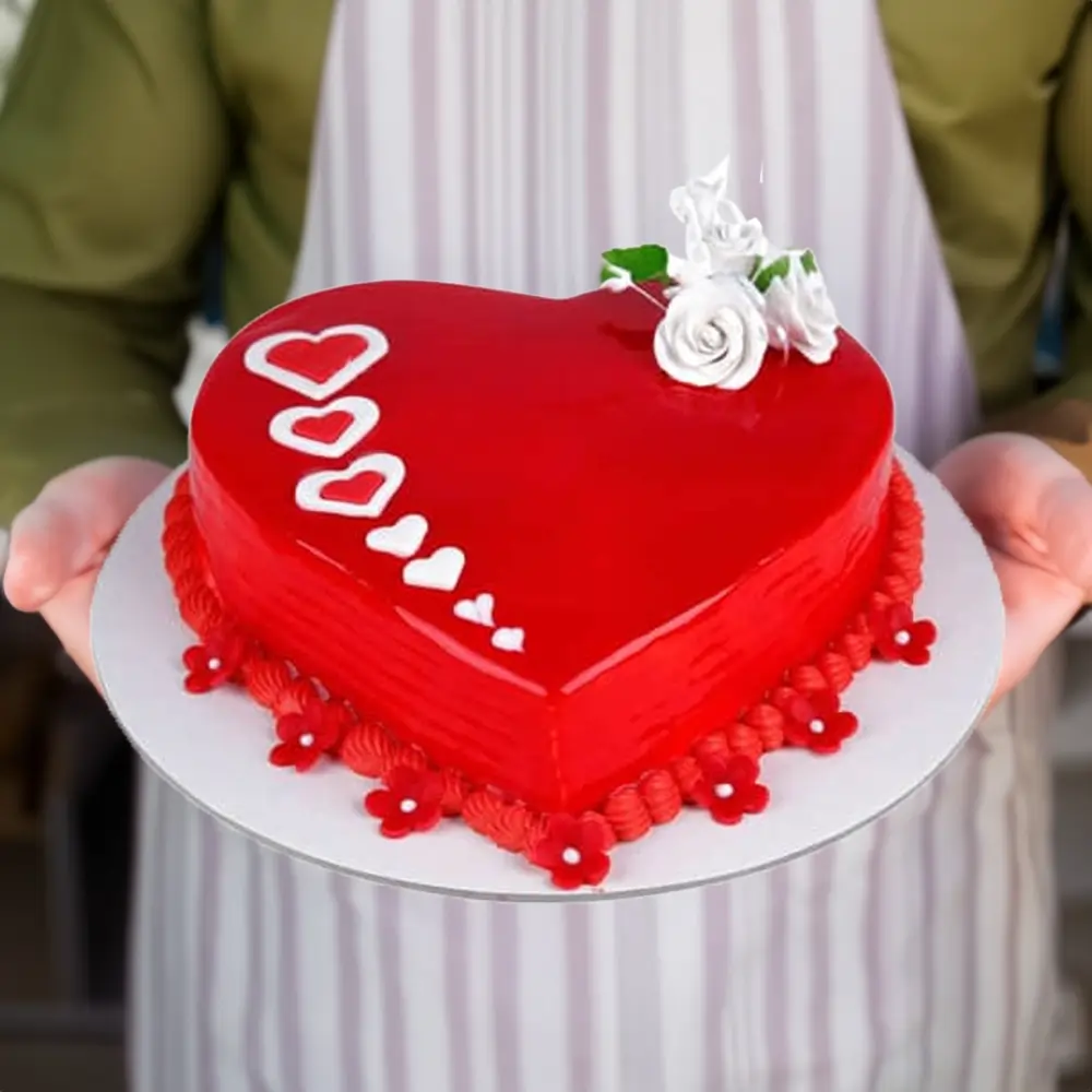 Shiny red heart-shaped gel cake perfect for all occasions