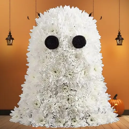 An arrangement consisting of 25 white chrysanthemums and black eyes in a ghost-like formation. The size is mentioned to be approximately 11 inches.