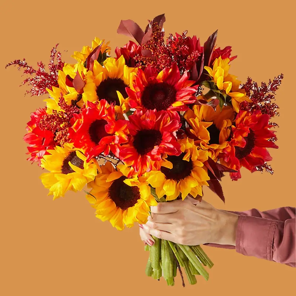 A bouquet consisting of 8 yellow sunflowers and 8 red color sprayed sunflowers, along with red sprayed color fillers, all tied with a ribbon A bouquet consisting of 8 yellow sunflowers and 8 red color sprayed sunflowers, along with red sprayed color fillers, all tied with a ribbon