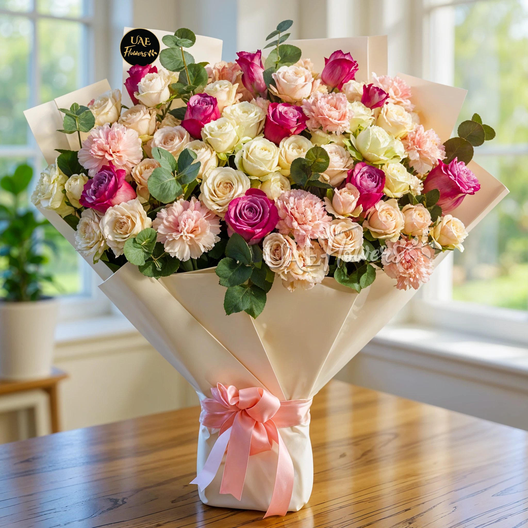purple roses, 6 pink spray roses, 6 white spray roses and 6 pink carnations purple roses, 6 pink spray roses, 6 white spray roses and 6 pink carnations