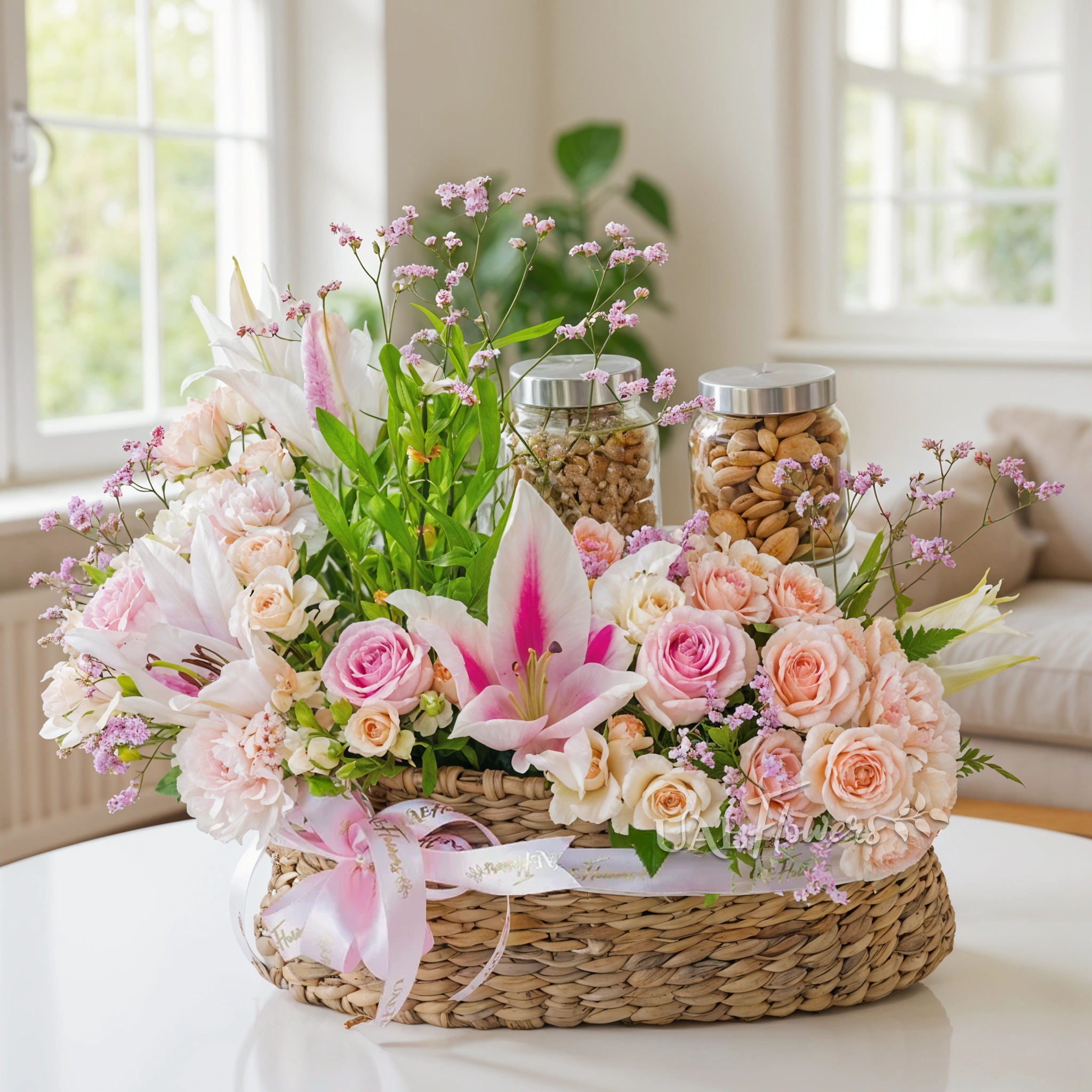 A basket arrangement of 250 Gms of Almonds, 250 Gms of walnut, 3 layer lucky bamboo, 2 pink lilies, 3 pink carnations, 5 pink roses and 4 pink spray roses with limonium fillers.