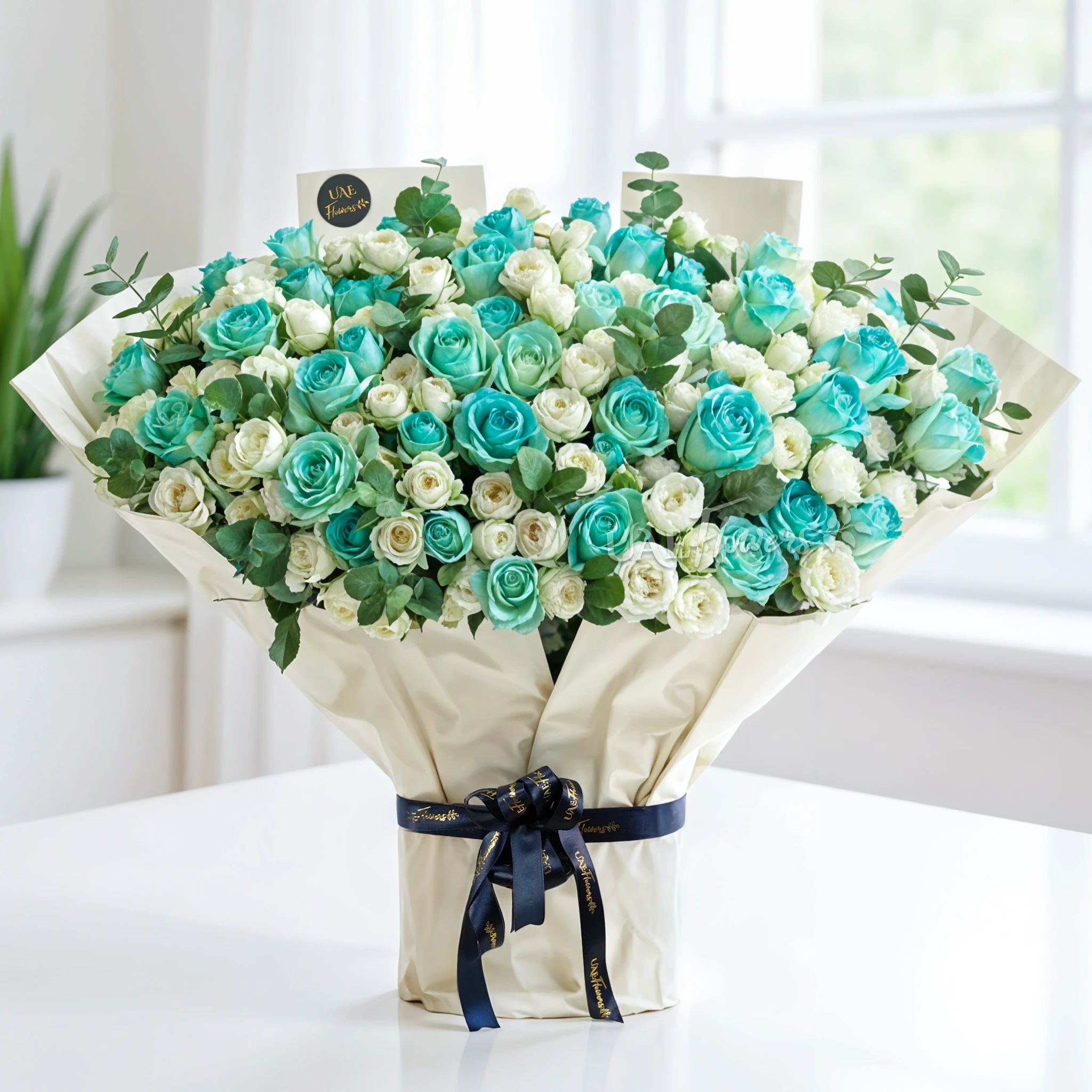 bouquet of 20 white spray roses and 30 blue sprayed roses with green fillers bouquet of 20 white spray roses and 30 blue sprayed roses with green fillers