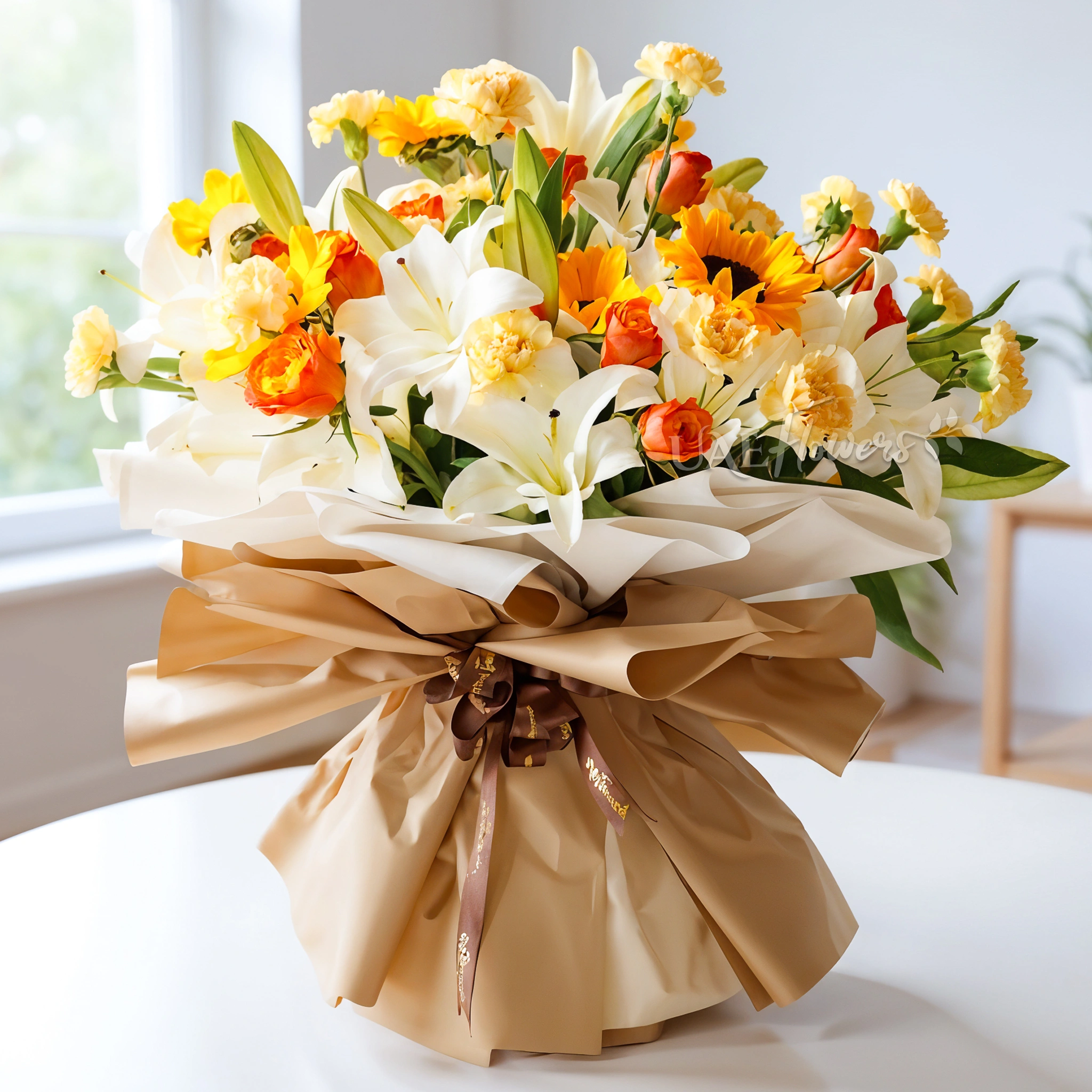 5 white lilies, 5 sunflowers, 10 orange roses, and 15 peach carnations 5 white lilies, 5 sunflowers, 10 orange roses, and 15 peach carnations