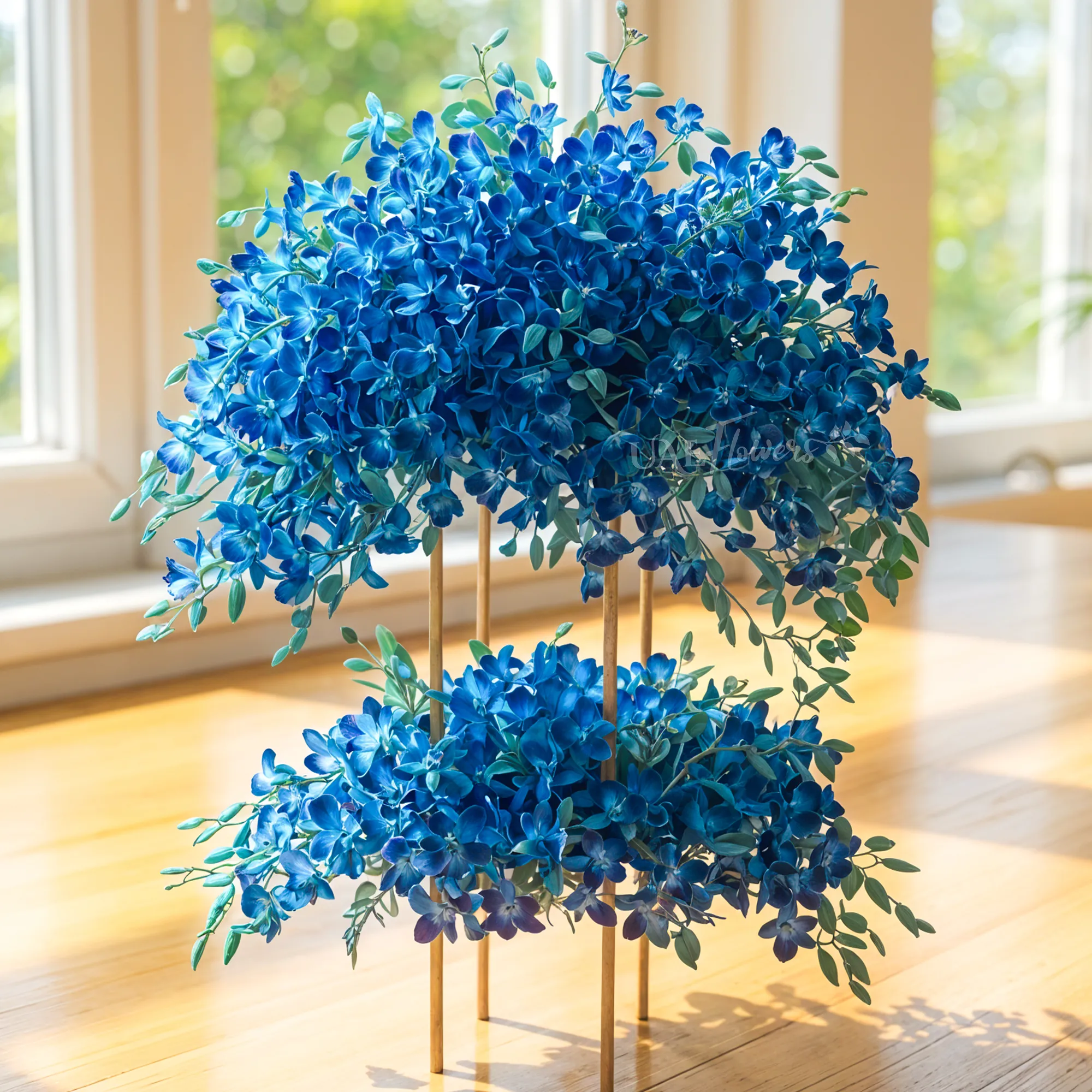 100 blue orchids arranged on a stand