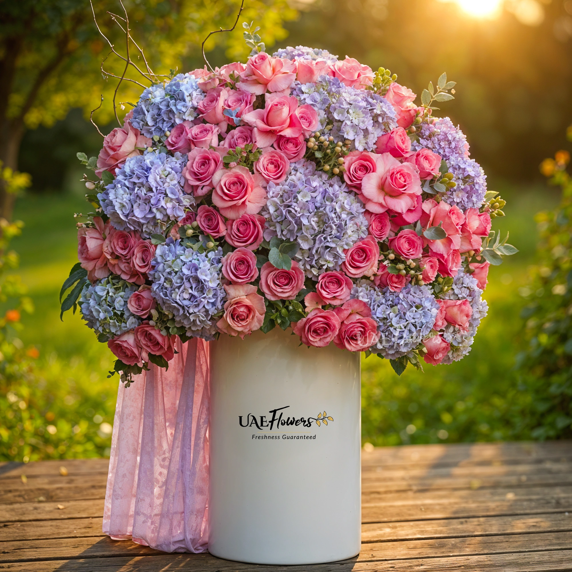 Blue hydrangeas and pink roses with green fillers and a blue net in a tall round box.