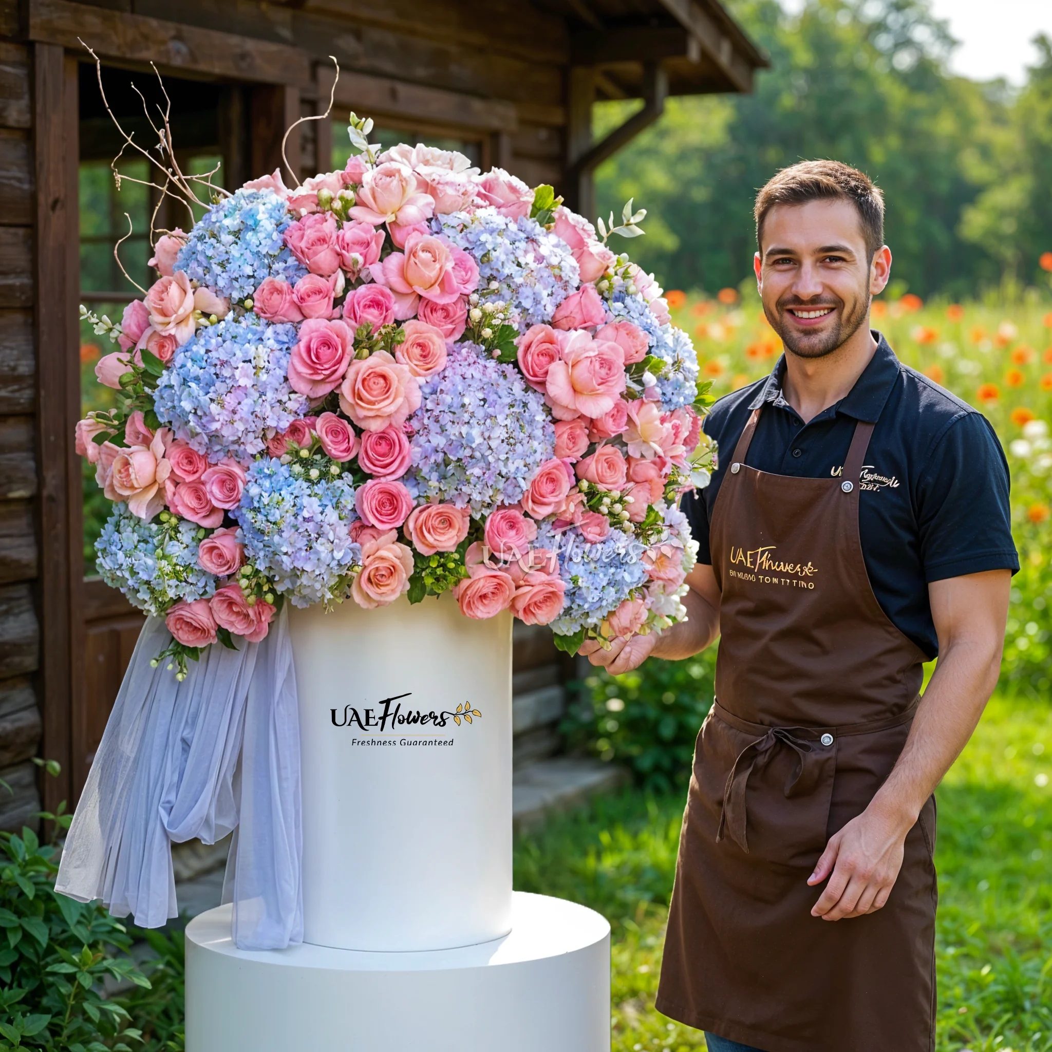 Blue hydrangeas and pink roses with green fillers and a blue net in a tall round box.