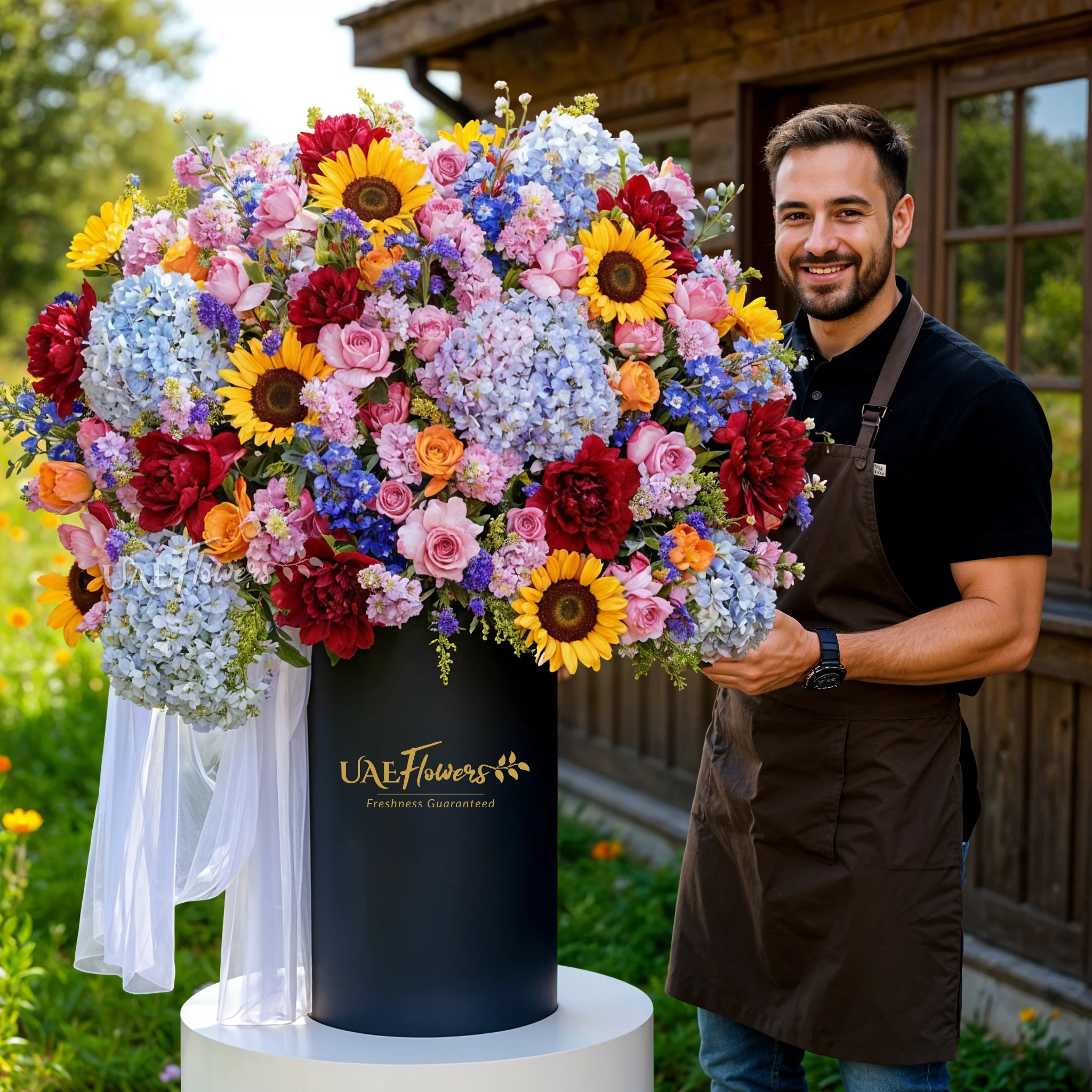 An arrangement of blue Hydrangeas, sunflowers, blue mattihola, purple lisianthus, orange roses, purple roses, red peonies with green fillers and blue net in a tall round box.