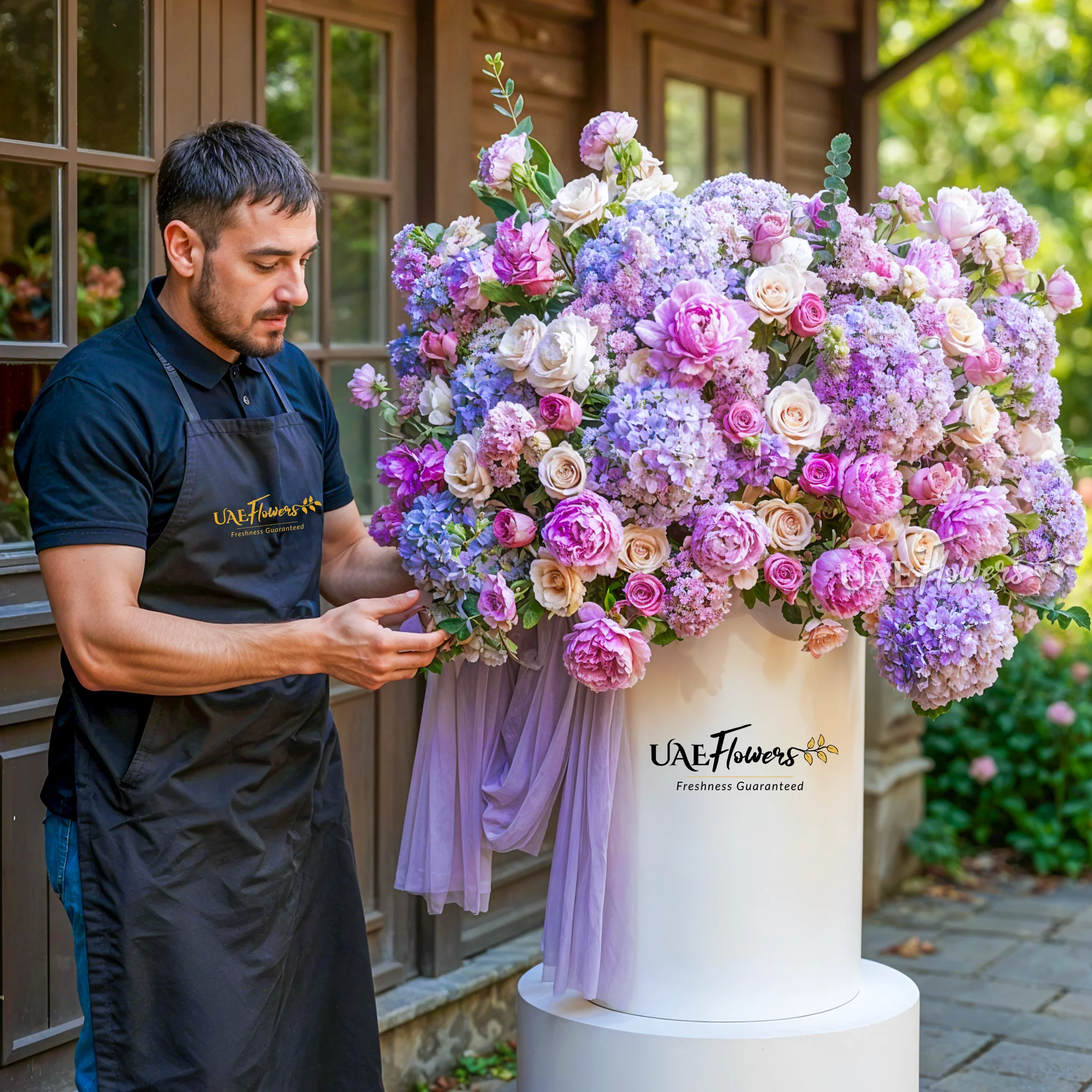 An arrangement of blue hydrangeas, pink peonies, purple roses, purple lisianthus, peach roses and purple chrysanthemums with green fillers and blue net in a tall round box.