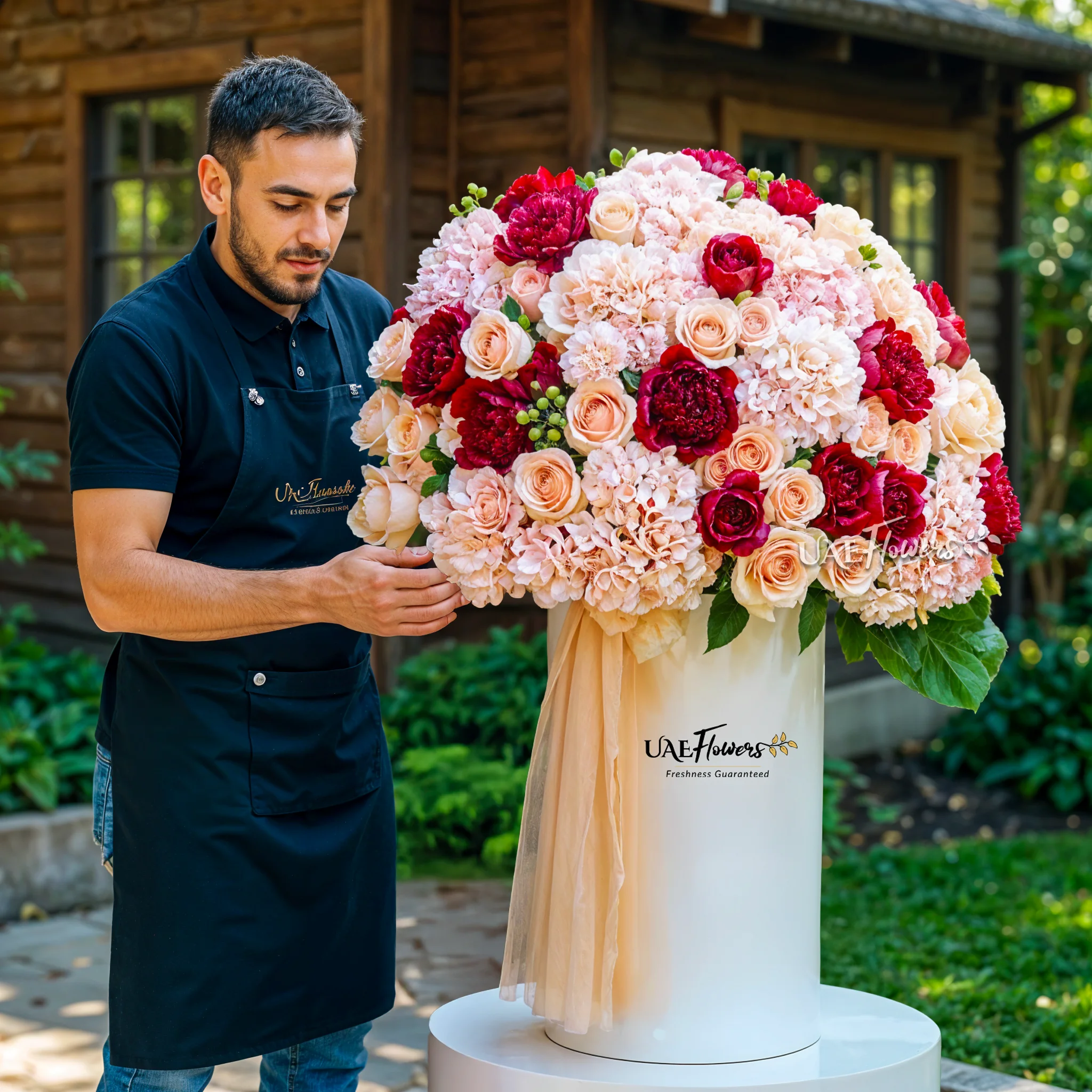 Tall round box with 20 pink hydrangeas, 20 red roses, 40 peach roses, 40 light pink carnations, and green hypericums.