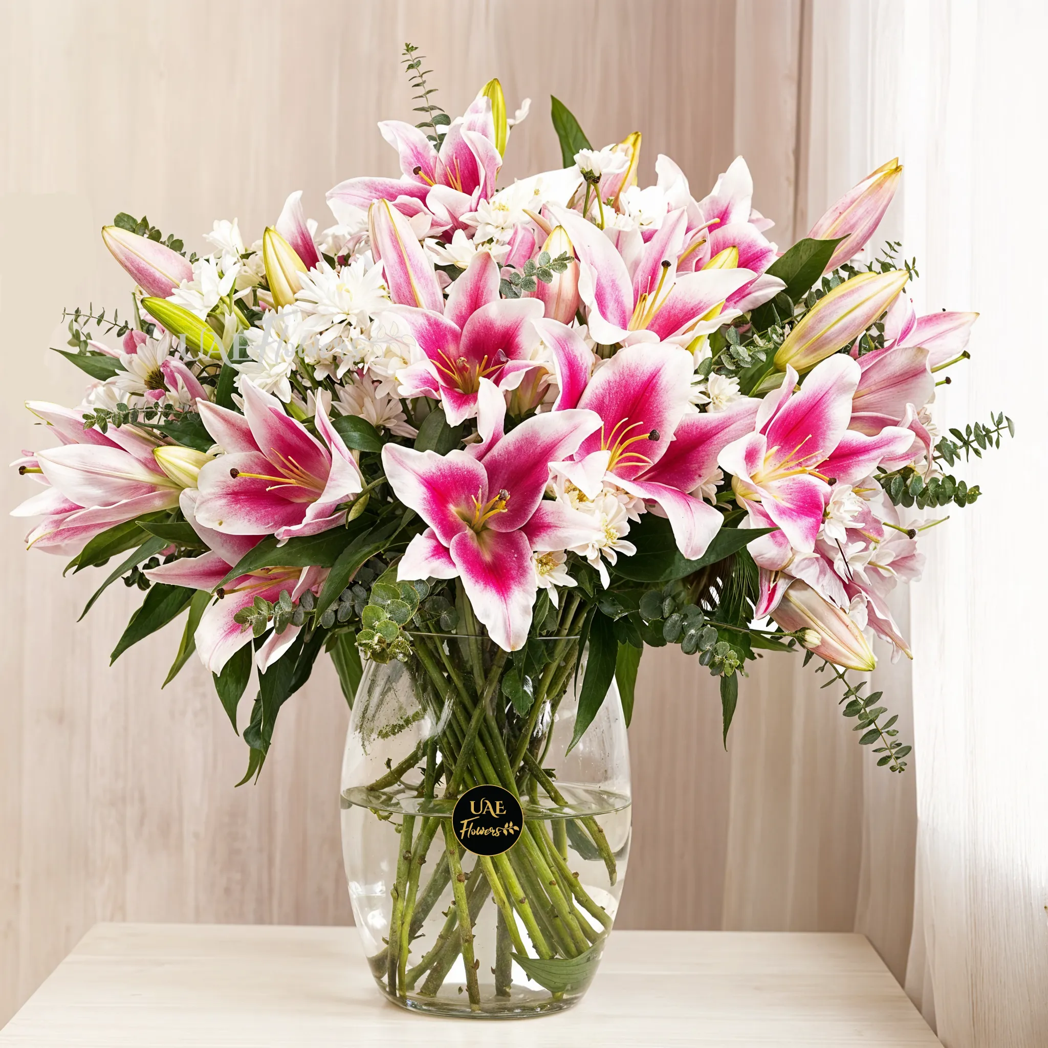 10 pink lilies and 5 white chrysanthemums
