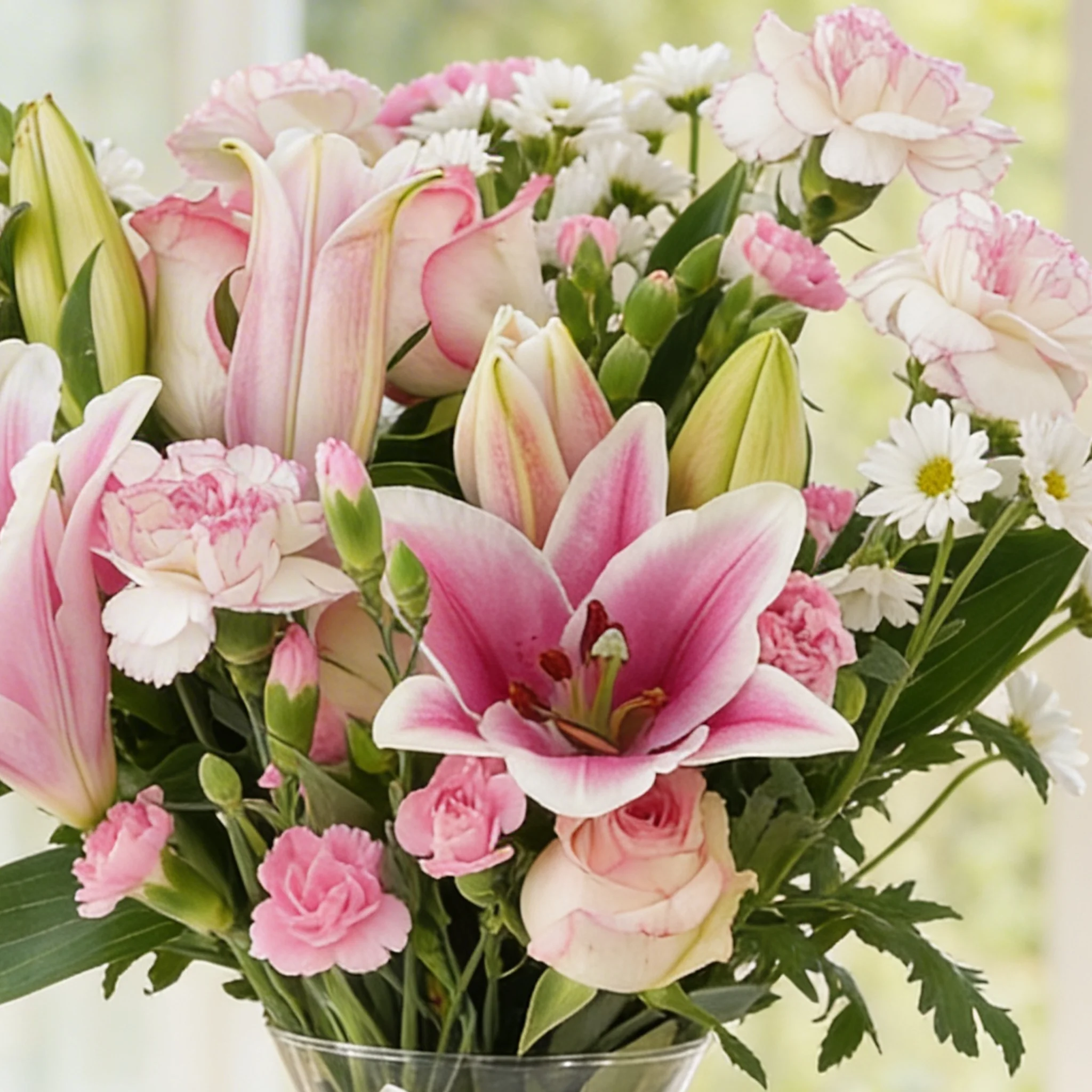 6 pink roses, 6 pink carnations, 2 pink lilies and 4 pink spray carnations with green fillers in a glass vase.
