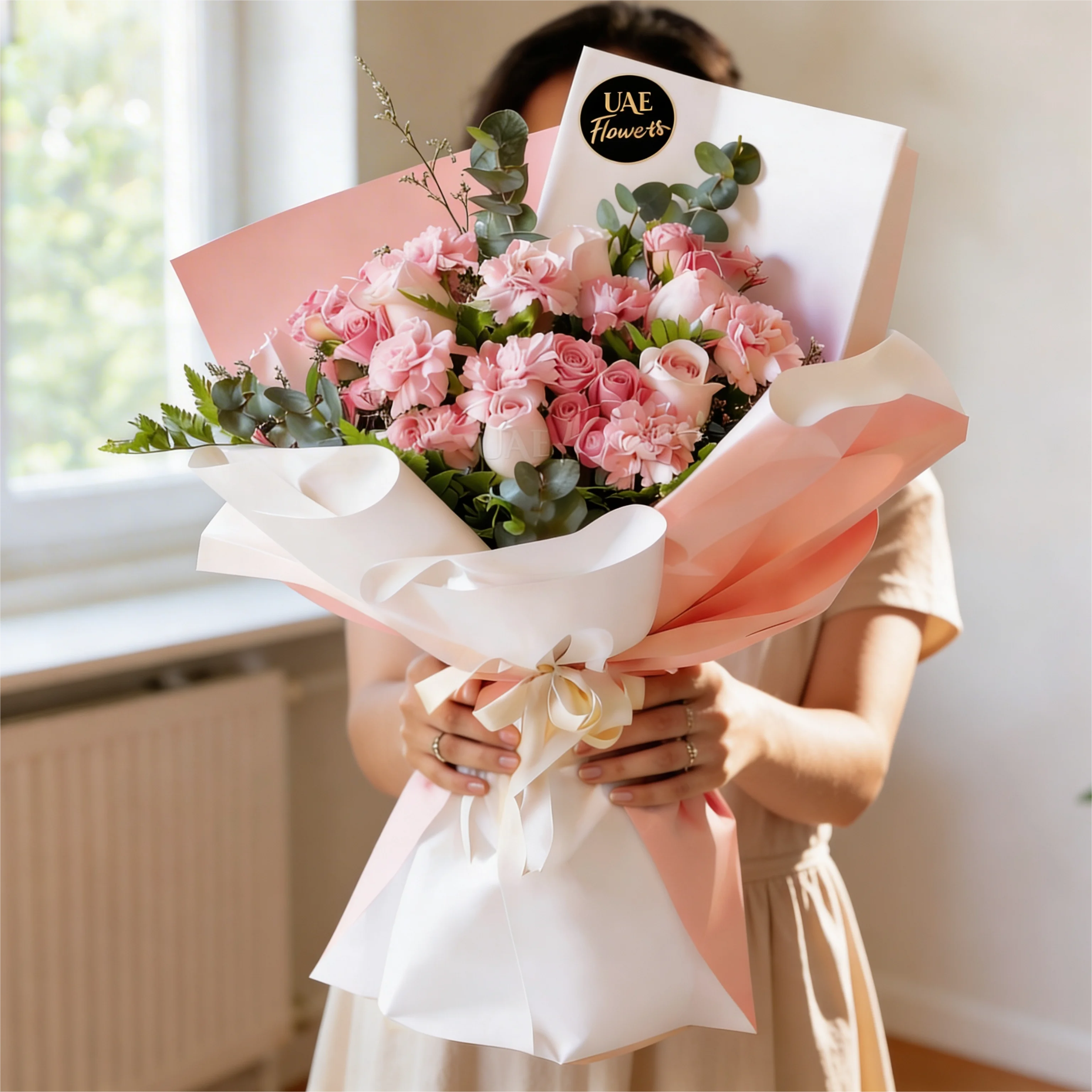 bouquet with 5 pink roses, 7 carnations, and 4 pink spray roses. Wrapped in paper with ribbons and green fillers.
