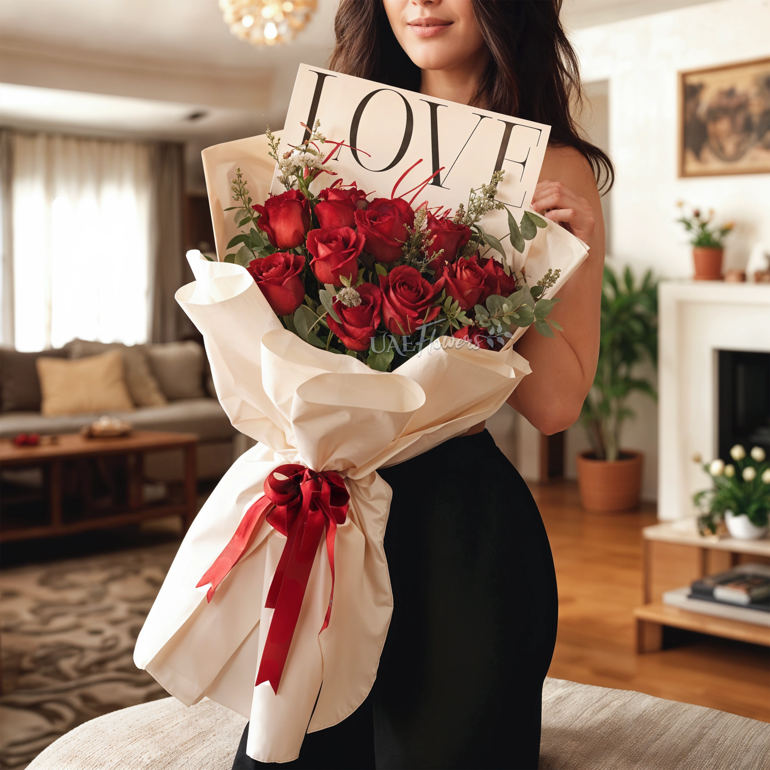 12 red roses with green fillers arranged in white wrapping and tied with red ribbons.