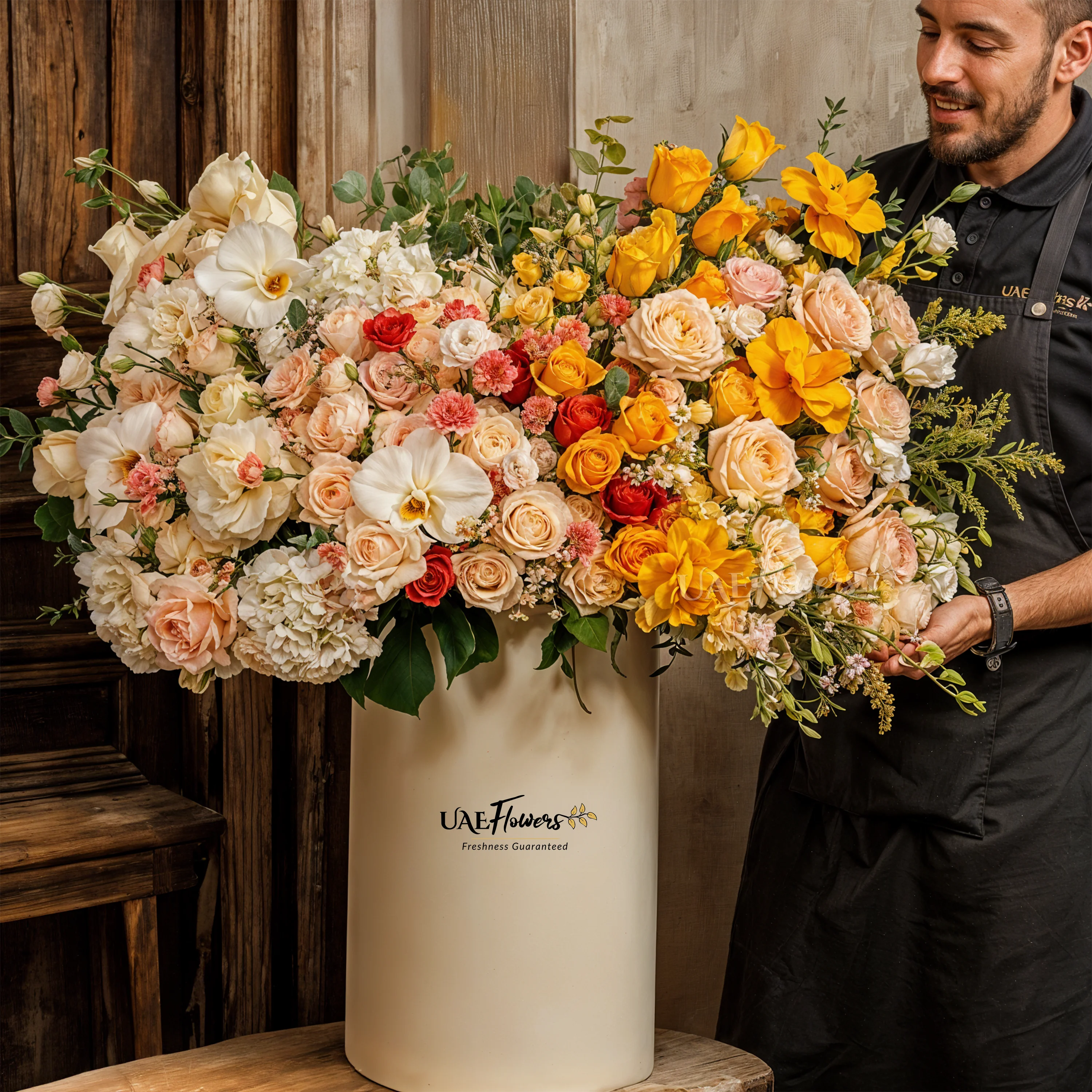 An arrangement of white lisianthus, peach spray carnations, white hydrangeas, yellow roses, orange roses, peach roses, cream roses, sprayed Yellow roses, sprayed yellow orchids and white cymbidium orchid with green fillers in a tall round box.