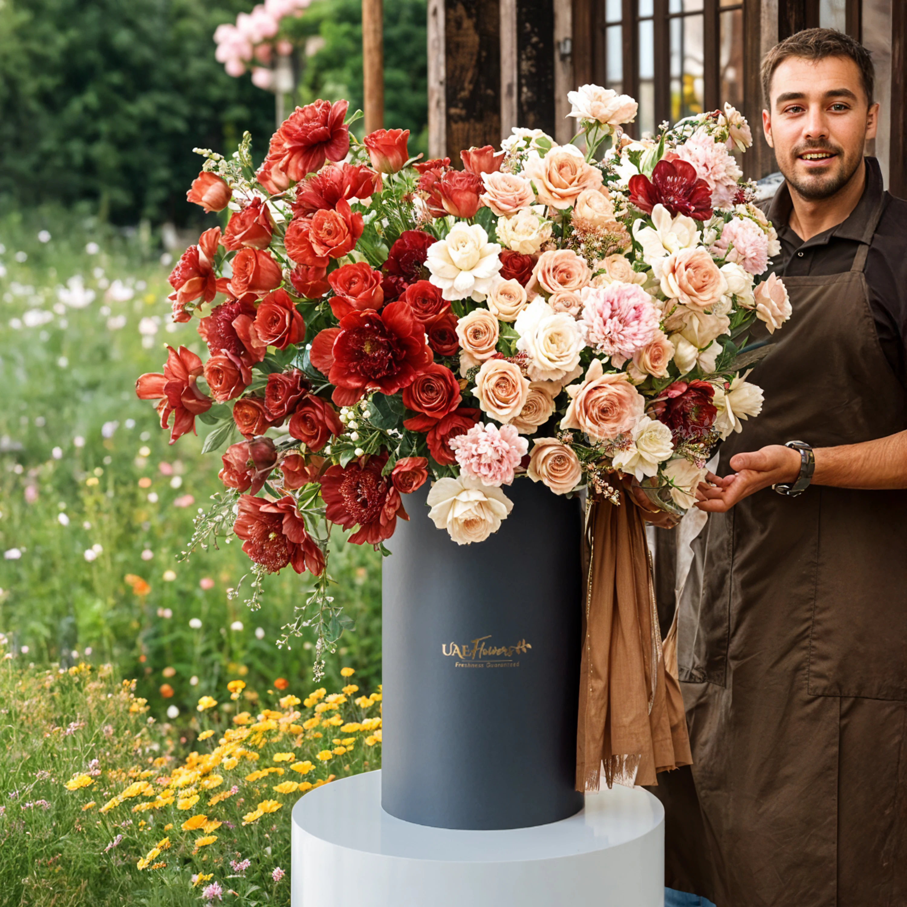 Red roses, Cappuccino roses, Red and pink peonies and White hypericum with green fillers and red net in a tall round box.