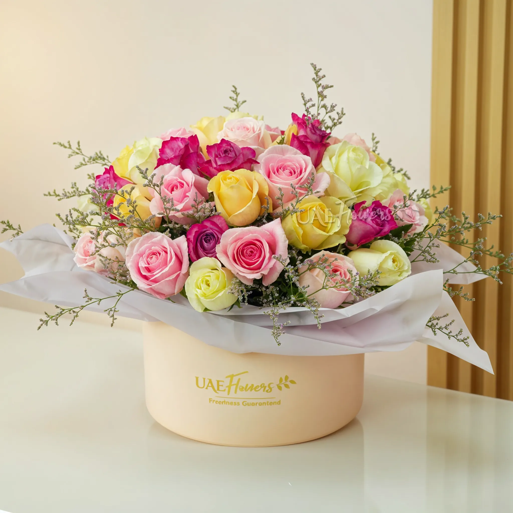 box of 30 roses in purple, pink, peach and white shades