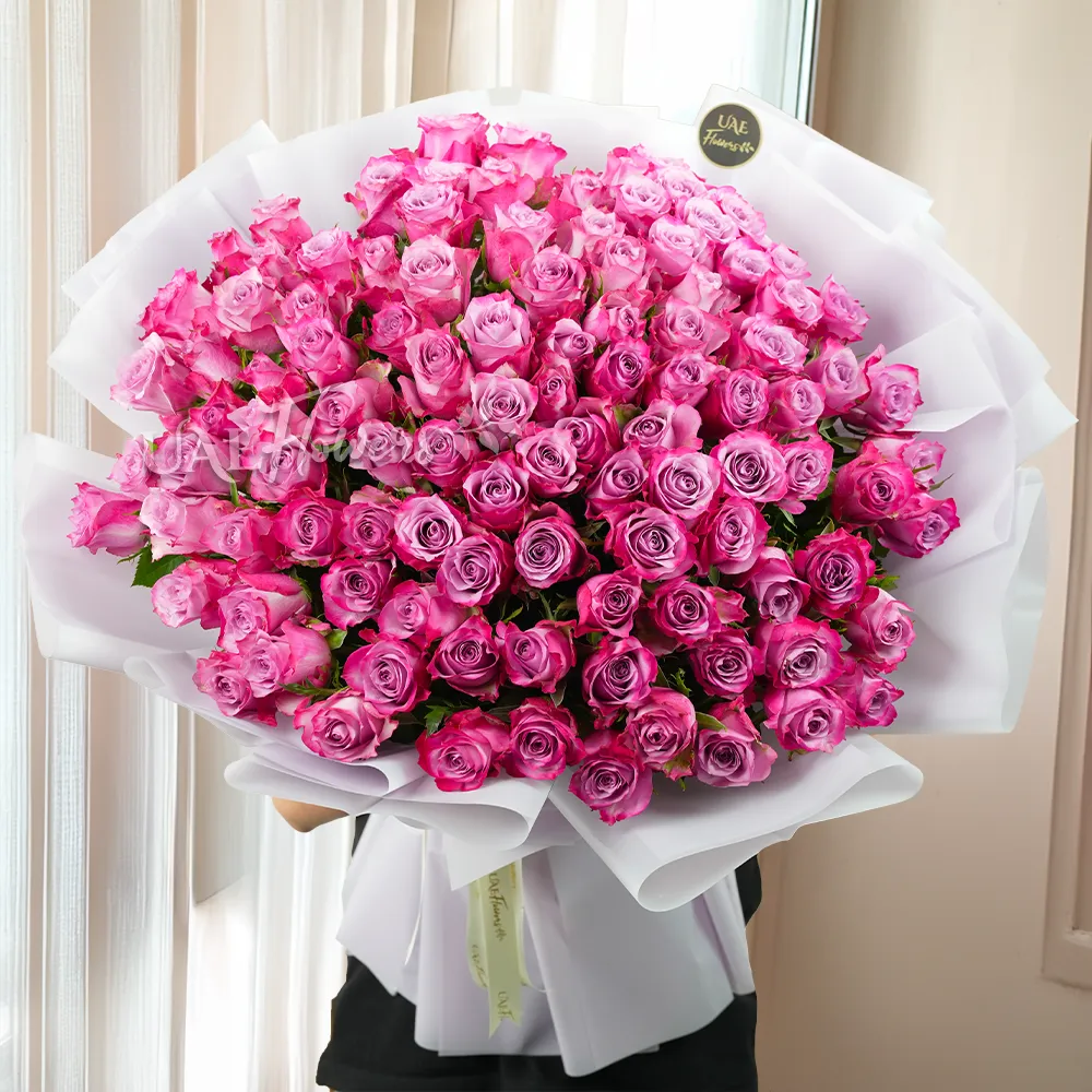 100 purple roses with fillers, wrapped in white paper and tied with ribbons