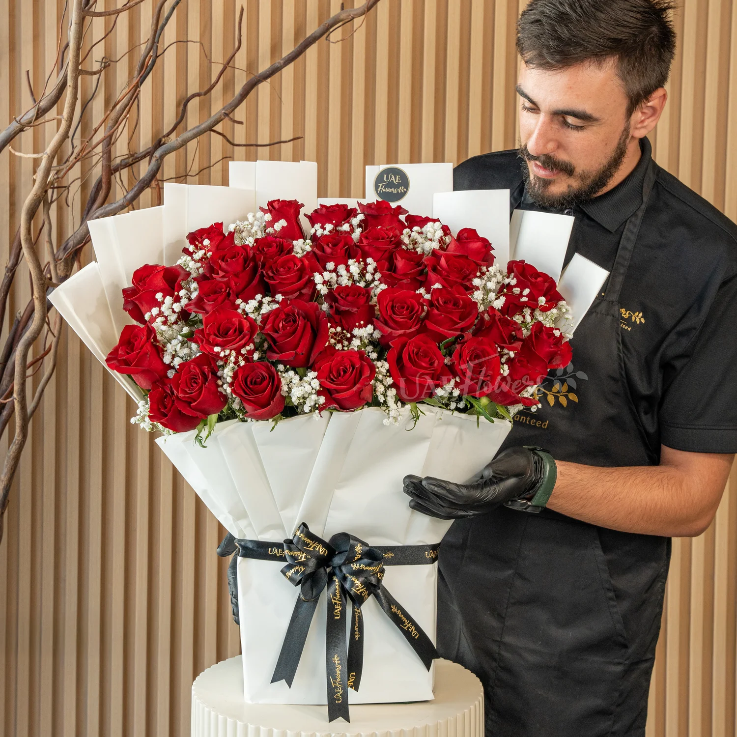 bouquet of 30 red roses with green fillers