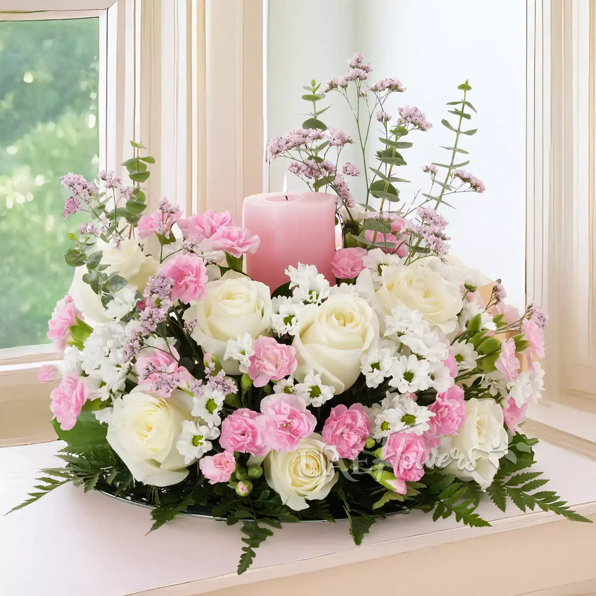 White rose pink carnation tray arrangement housewarming gift UAE Flowers Dubai