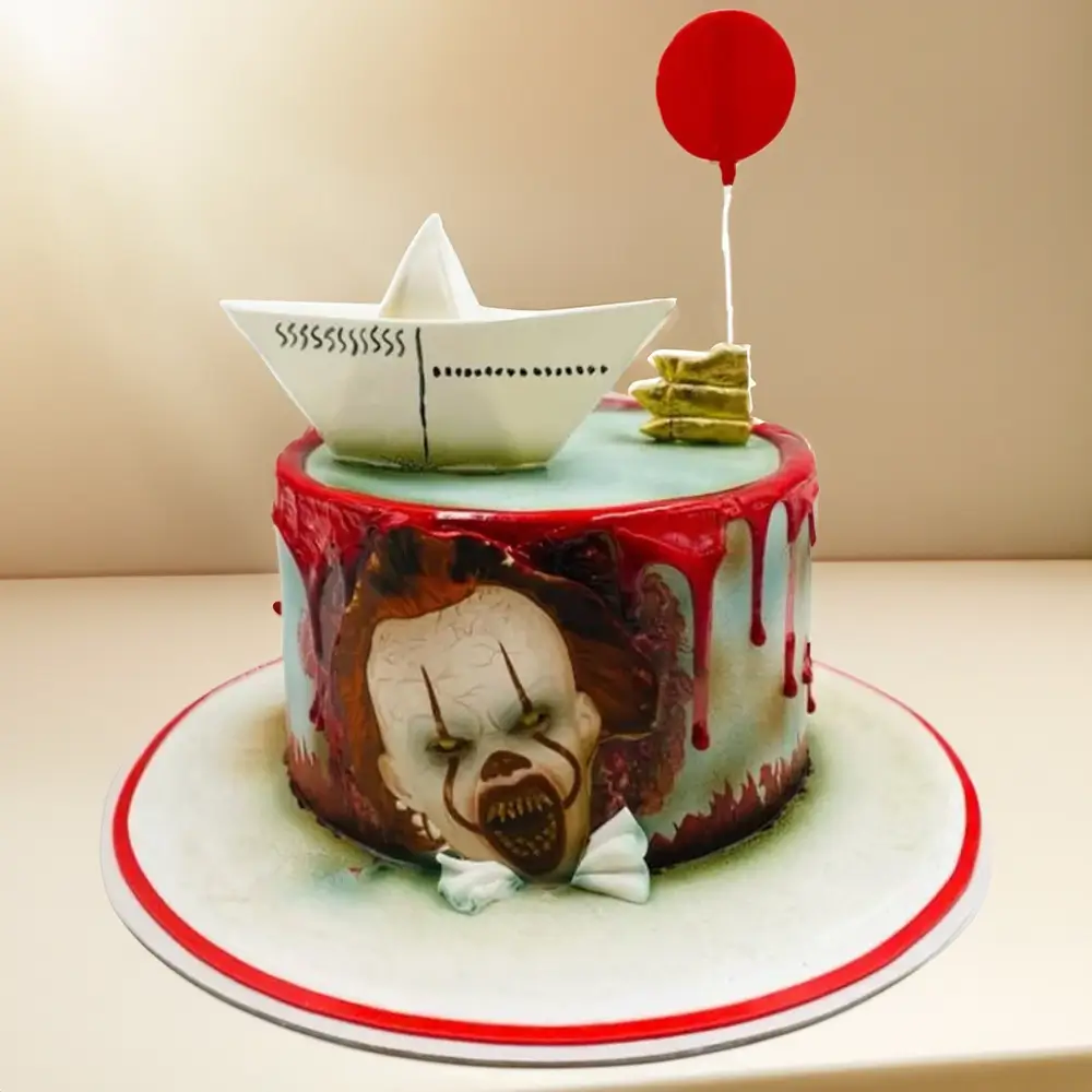 A pennywise cake weighing 3 kg & filled with chocolate ganache A pennywise cake weighing 3 kg & filled with chocolate ganache